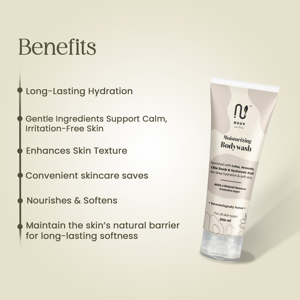Nuuv Essentials Moisturising Body Wash | Avocado, Lotus & Chia Seed Extract | Hyaluronic Acid for Deep Hydration | For Dry, Sensitive Skin | Energising and Refreshing | Bodywash for Men&Women | 200 ml