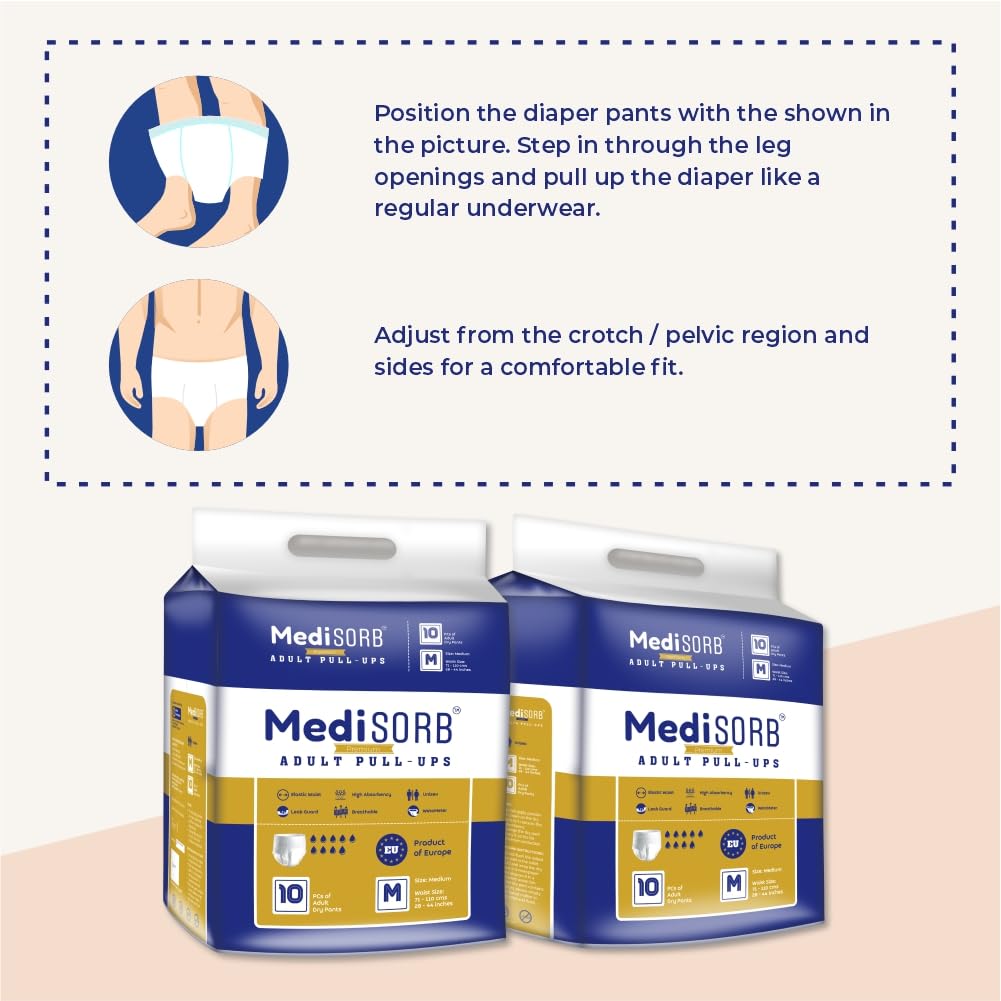 MediSORB Adult Diaper Pants | Medium (M) |Waist 71-110 cm (28-44 inches) |High Absorbency -15 Hrs |Rash-Free |Leakproof |Breathable |Odourless |Elastic Waist |Unisex- Men & Women | 10 Units, Pack of 1