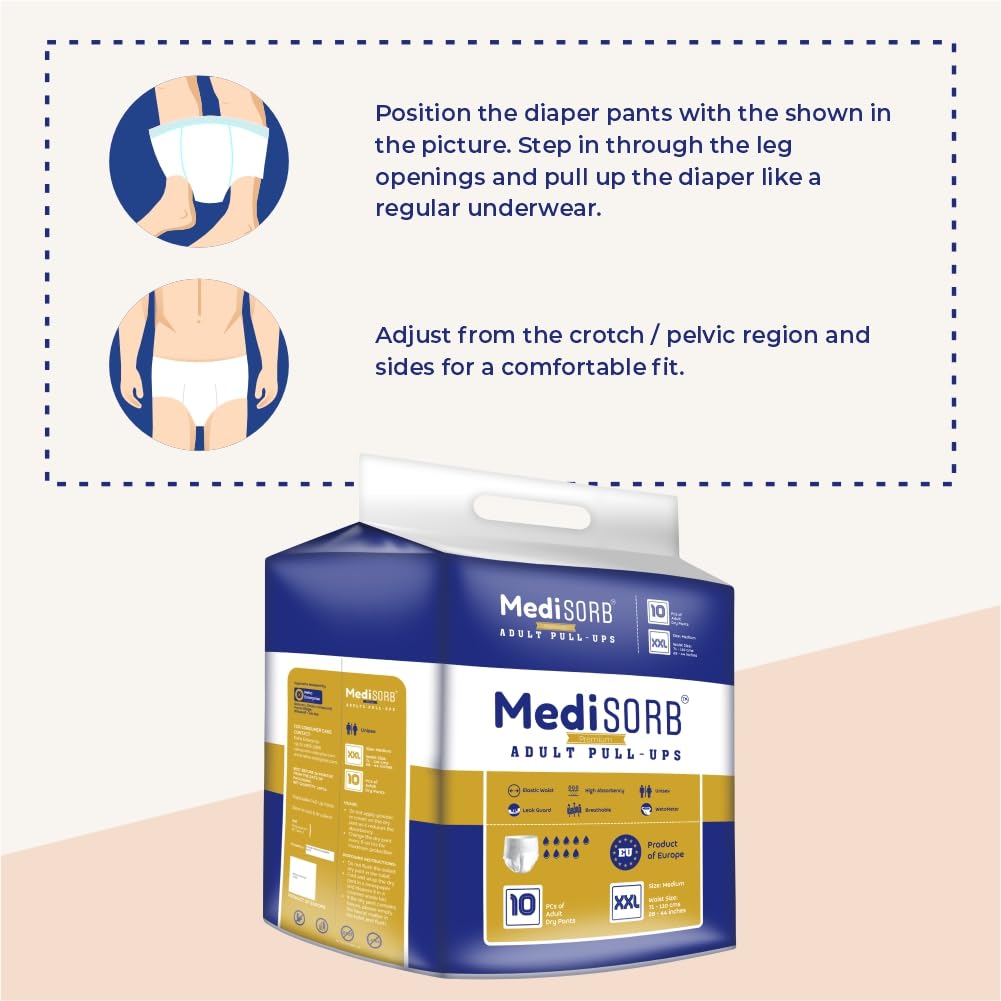 MediSORB Adult Diaper Pants | Double XL (2XL) |Waist 152-205 cm (60-80 inches) |High Absorbency -15 Hrs |Rash-Free |Leakproof |Breathable |Odourless |Elastic Waist |Men & Women | 30 Units, Pack of 3