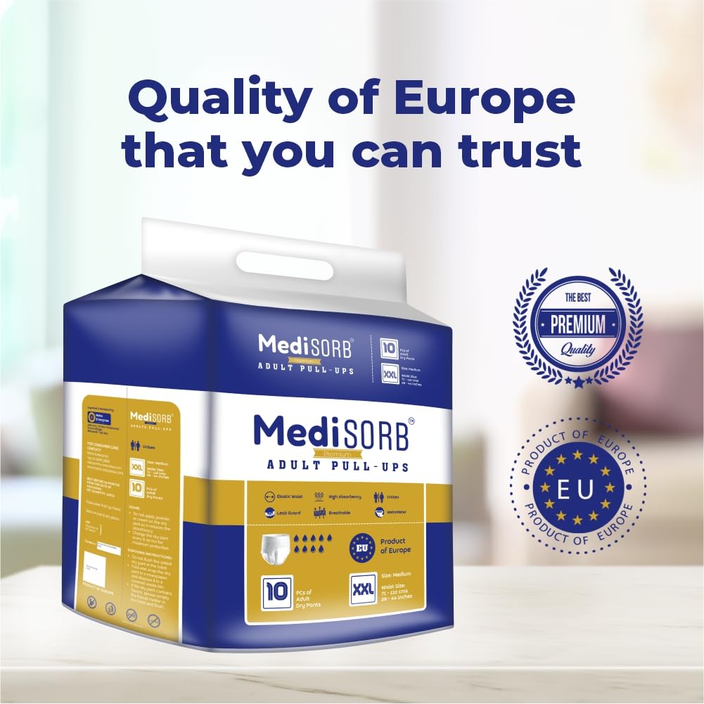 MediSORB Adult Diaper Pants | Double XL (2XL) |Waist 152-205 cm (60-80 inches) |High Absorbency -15 Hrs |Rash-Free |Leakproof |Breathable |Odourless |Elastic Waist |Men & Women | 10 Units, Pack of 1
