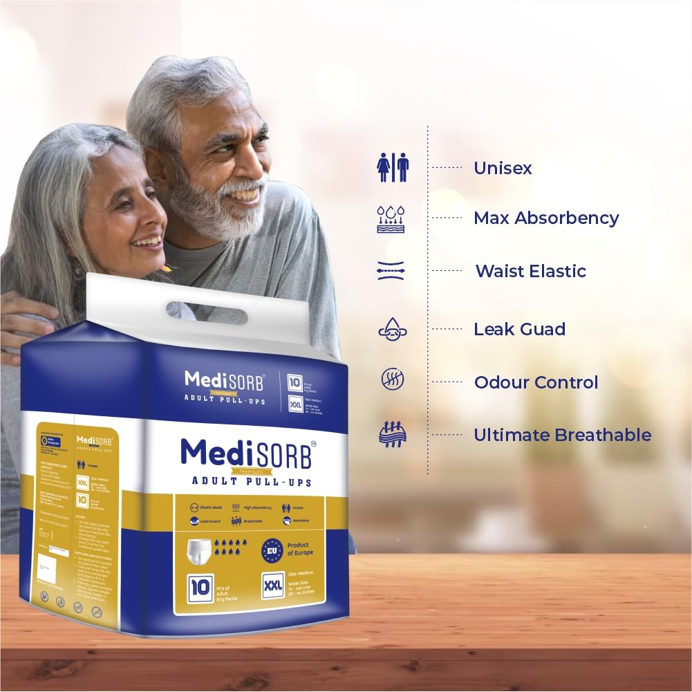 MediSORB Adult Diaper Pants | Double XL (2XL) |Waist 152-205 cm (60-80 inches) |High Absorbency -15 Hrs |Rash-Free |Leakproof |Breathable |Odourless |Elastic Waist |Men & Women | 10 Units, Pack of 1