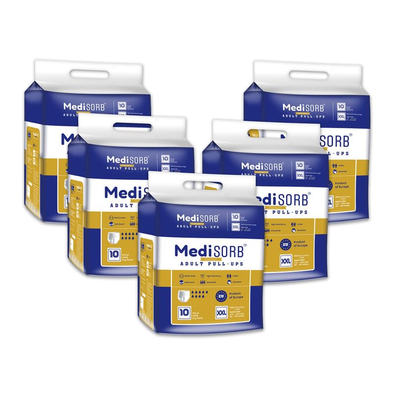 MediSORB Adult Diaper Pants | Double XL (2XL) |Waist 152-205 cm (60-80 inches) |High Absorbency -15 Hrs |Rash-Free |Leakproof |Breathable |Odourless |Elastic Waist |Men & Women | 50 Units, Pack of 5
