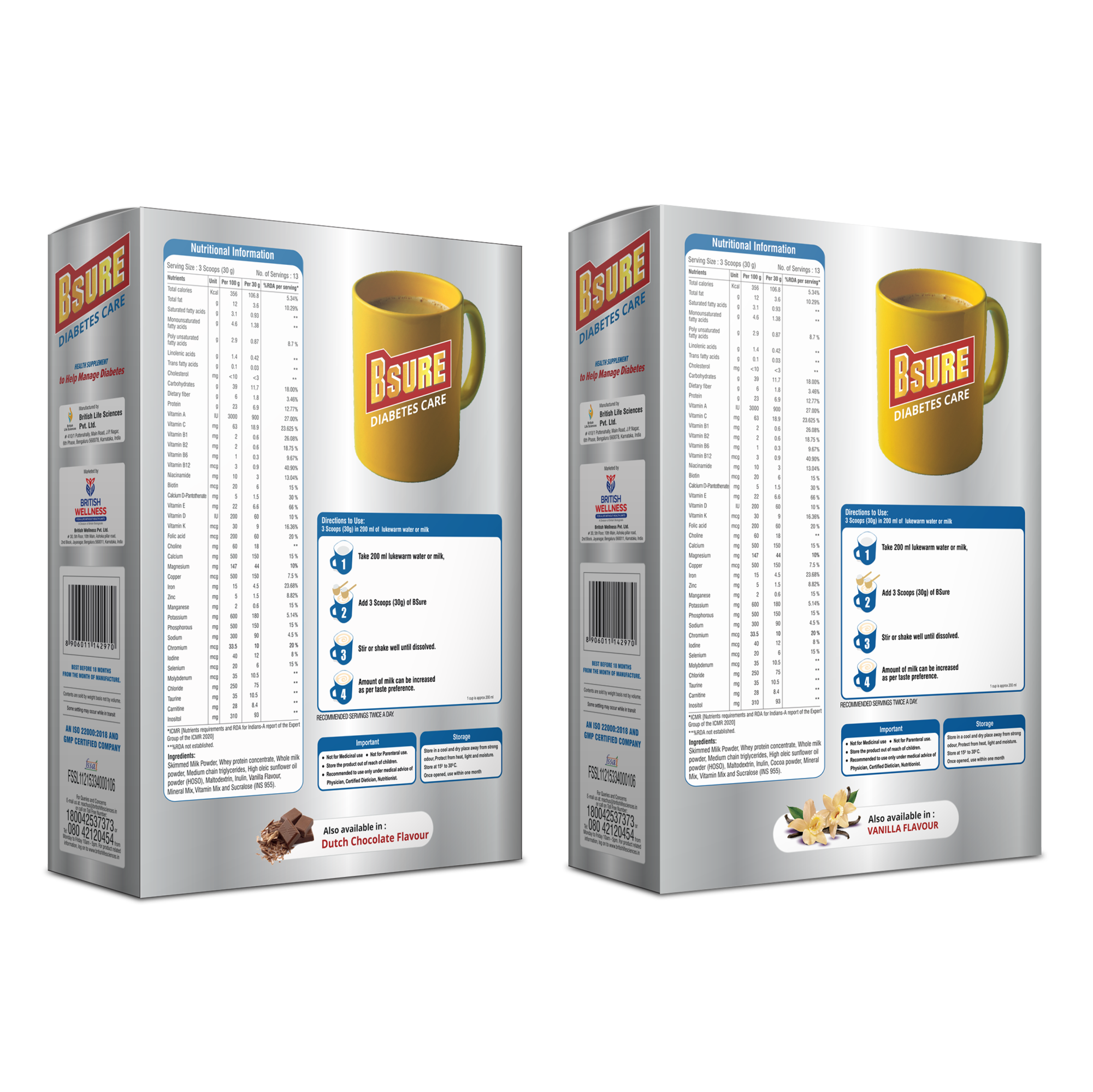 Bsure Diabetic Vanilla and Bsure Diabetic Chocolate Combo | Balanced Vital Nutrients to Manage Blood Sugar, Weight & Strength | Nutrition to Help Manage Diabetes | Gluten and Transfat Free