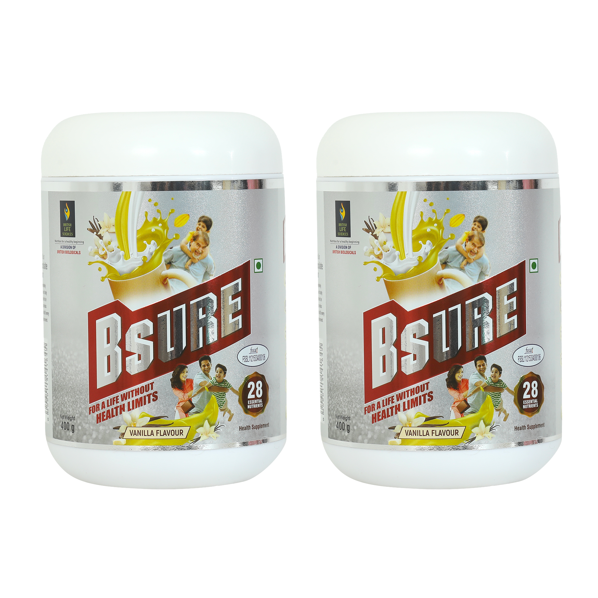 BRITISH LIFE SCIENCES | Bsure - Complete, Balanced & Nutrition Supplement Drink For The Entire Family | Delicious Vanilla Flavour Drink For Immunity | 400 g (Pack of 2)