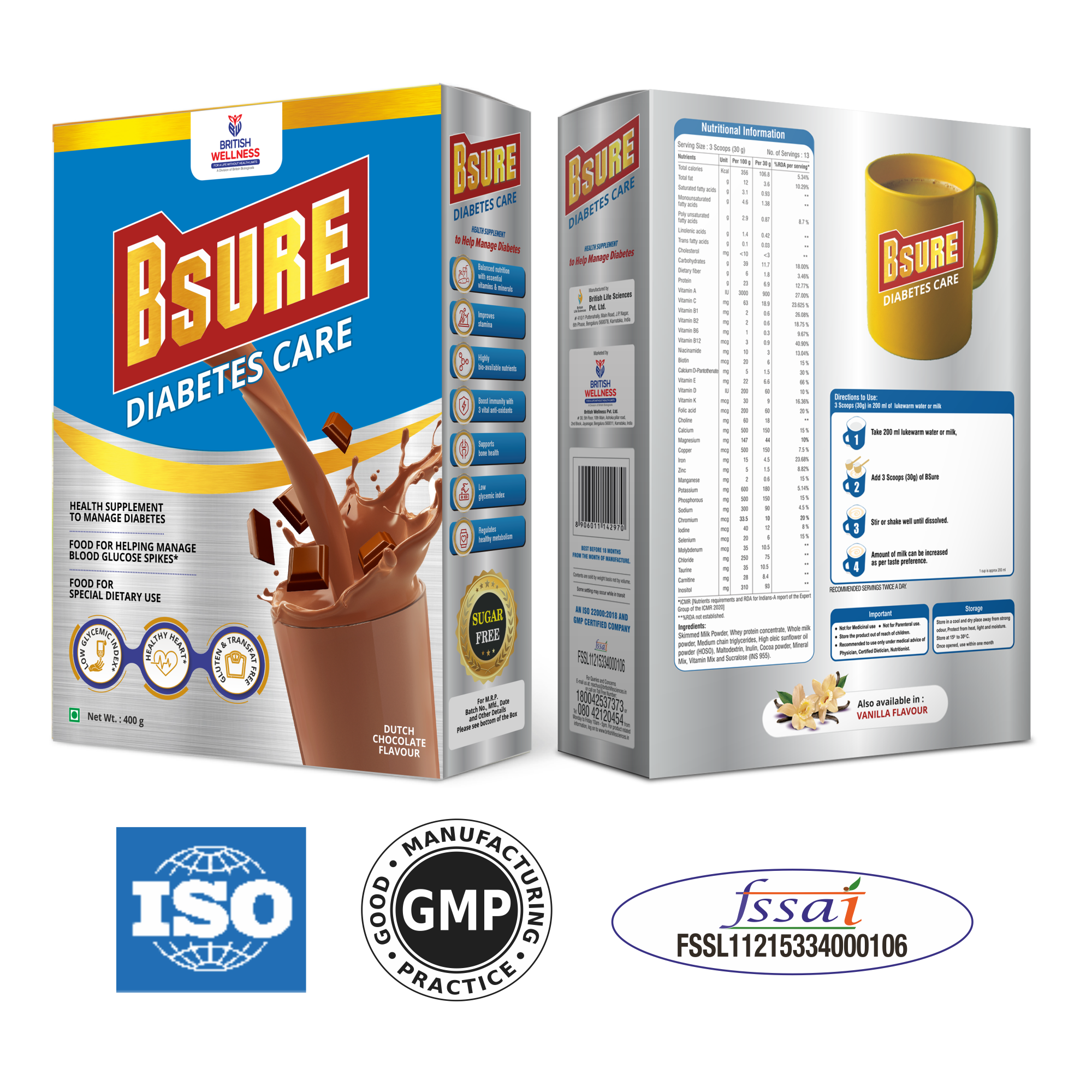 Bsure Diabetes Care- Balanced Vital Nutrients to Manage Blood Sugar, Weight & Strength Chocolate Flavour- 400gm.