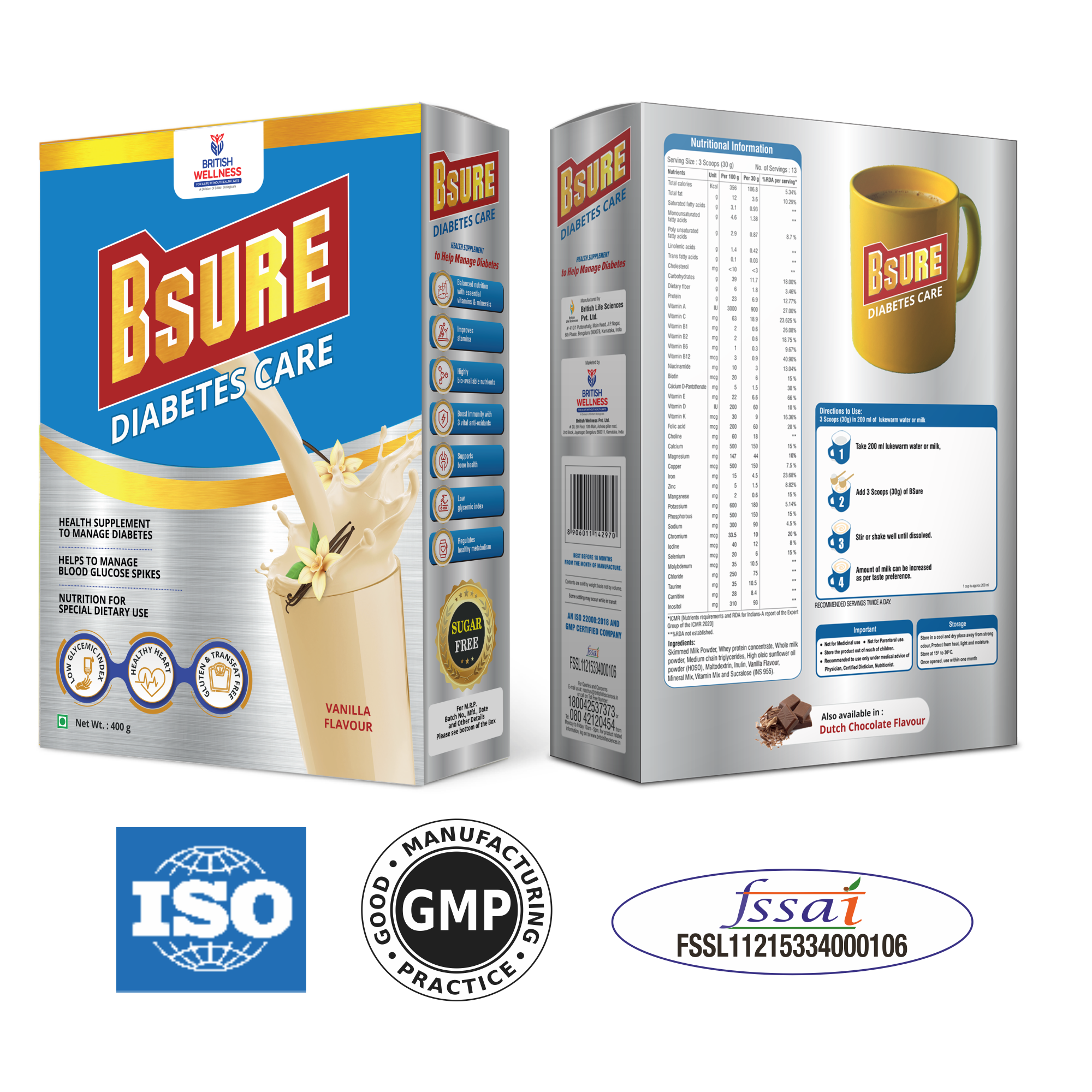 Bsure Diabetes Care- Balanced Vital Nutrients to Manage Blood Sugar, Weight & Strength Vanilla Flavour- 400gm. (Pack of 2)