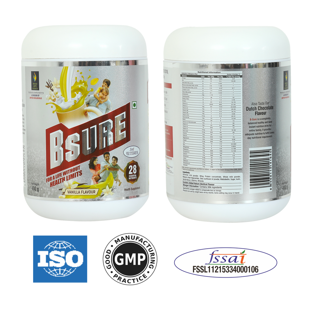 BRITISH LIFE SCIENCES | Bsure - Complete, Balanced & Nutrition Supplement Drink For The Entire Family | Delicious Vanilla Flavour Drink For Immunity | 400 g (Pack of 2)