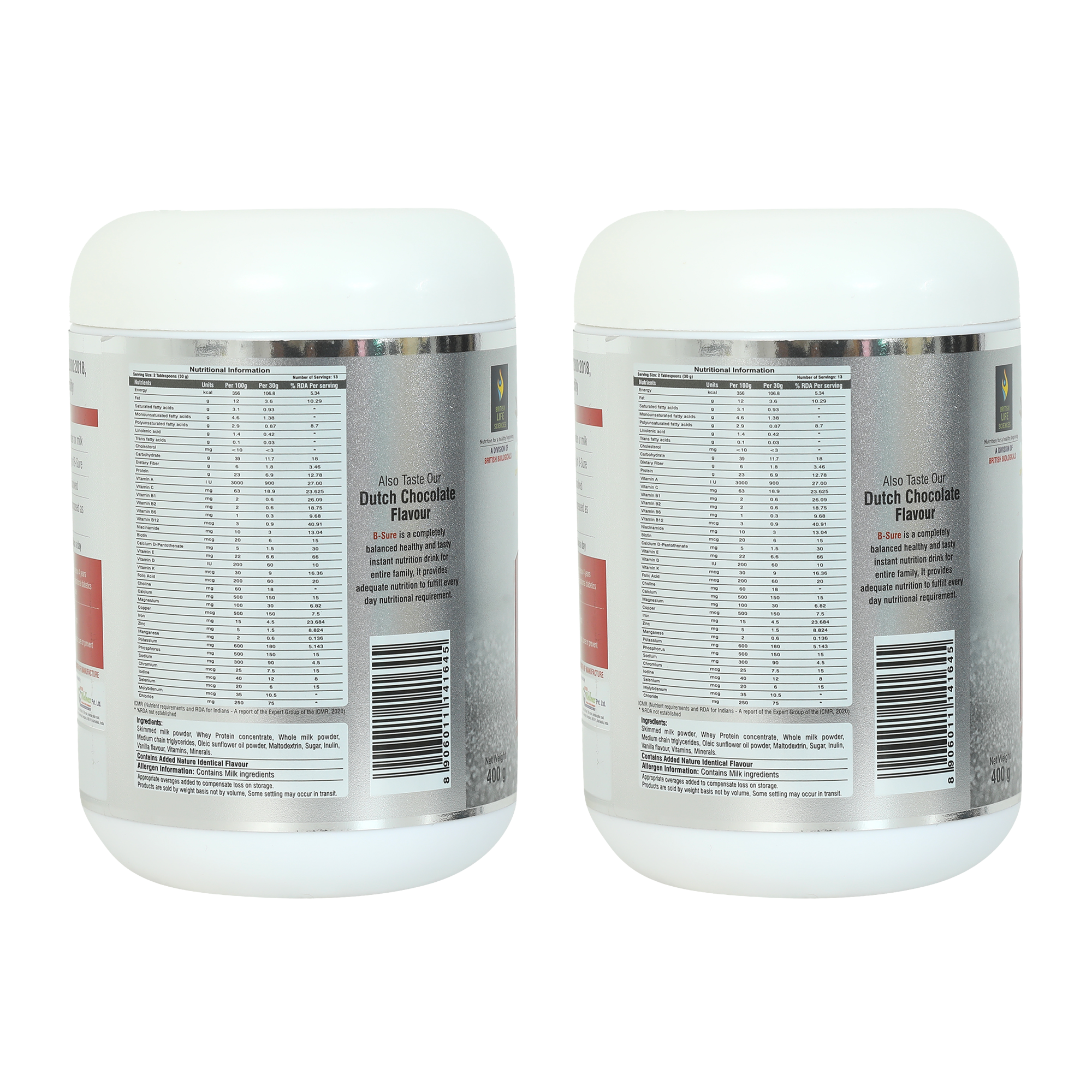 BRITISH LIFE SCIENCES | Bsure - Complete, Balanced & Nutrition Supplement Drink For The Entire Family | Delicious Vanilla Flavour Drink For Immunity | 400 g (Pack of 2)