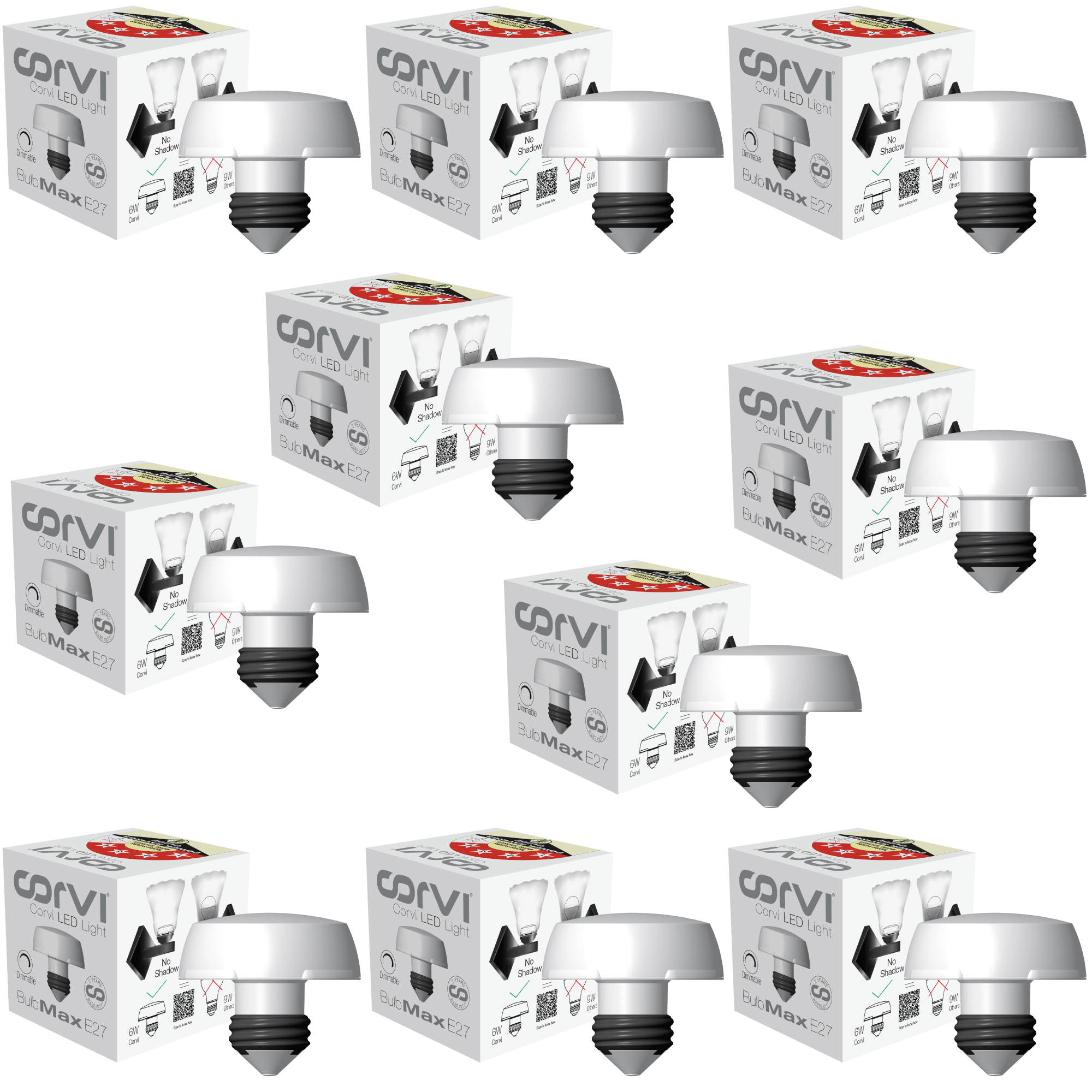 CORVI LED Bulb | 9 Watts illumination using 6 Watts power| Industry’s Best 4 star Rated Energy Saving LED Bulb | E27 Base, Compact, Non-Protruding, Dimmable | 3000K Warm White (Pack of 10)