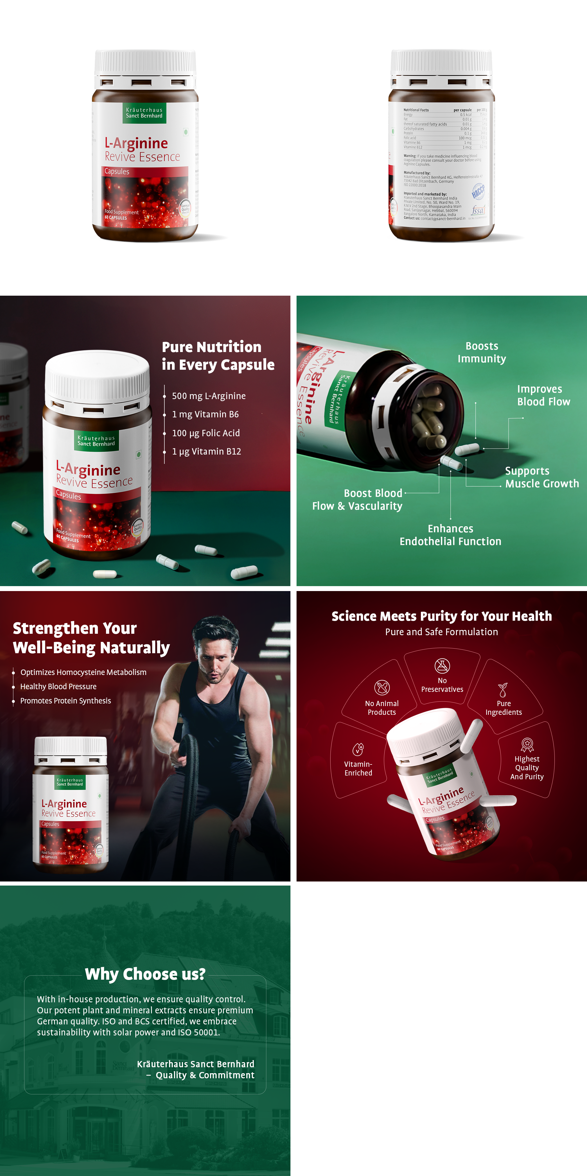 Sant Bernhard L-Arginine Capsules with B-Vitamins | With B12, B1, B6, Folic Acid & Riboflavin | Supports Energy, Blood Circulation & Heart Health | Vegan, Non-GMO | 1-Month Supply | 60 Capsules