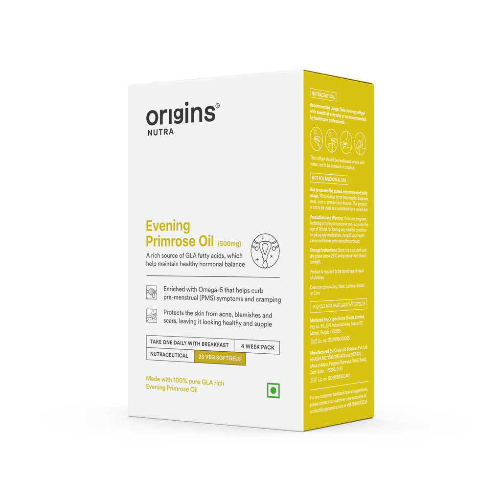 Origins Nutra Evening Primrose Oil | Supports Hormonal Balance, Lowers PMS Symptoms, Improves Skin Health| Evening Primrose Oil | GMP Certified | For Men & Women | 28 Veg Soft Gels