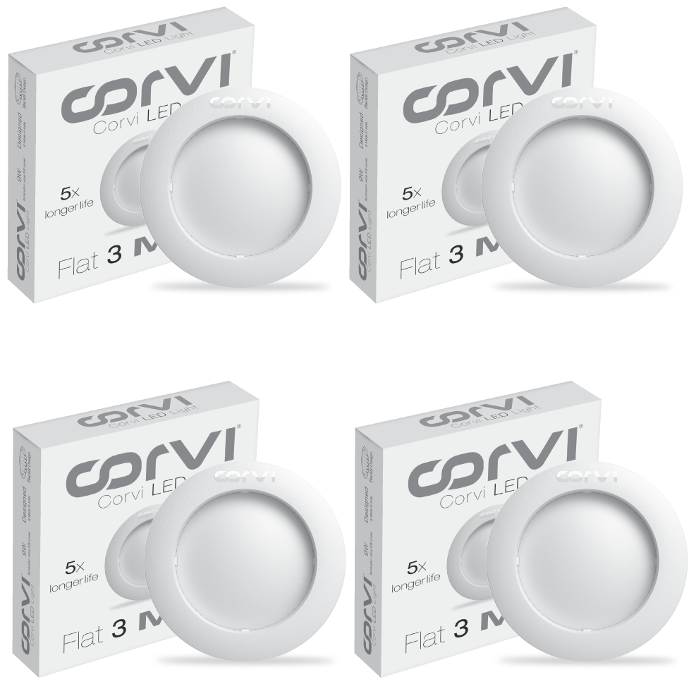 CORVI LED Flat3 6W Round Ceiling Light | Dimmable & Backlit |  White 5700K | Slim Driverless LED Panel with Junction Box | Ideal for False Ceilings & Home Use (Pack of 4)