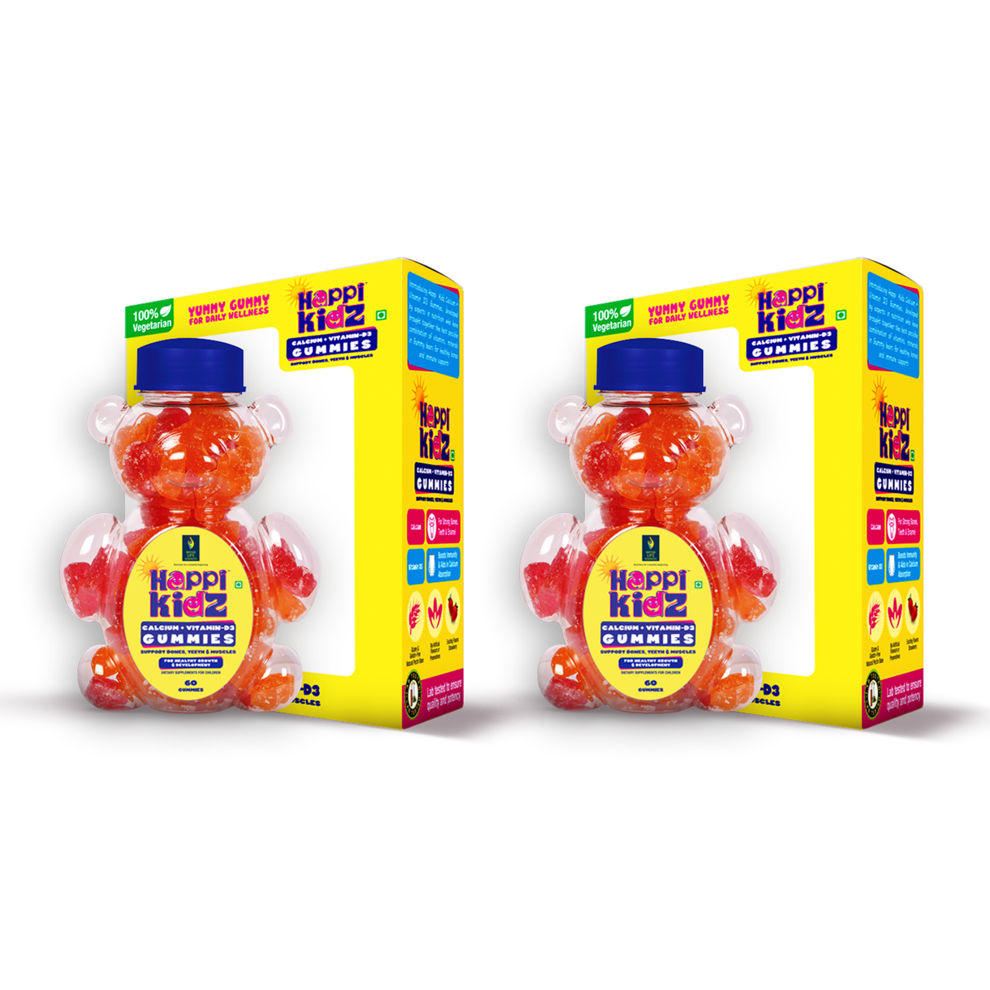 BRITISH LIFE SCIENCES PVT LTD ; Nutrition For A Healthy Beginning Happikidz Calcium + Vitamin D Gummies For Kids (60 Count Gummy Bears) - Kids Nutrition, Bones And Teeth, Boosts Immunity - Strawberry (Pack of 2)
