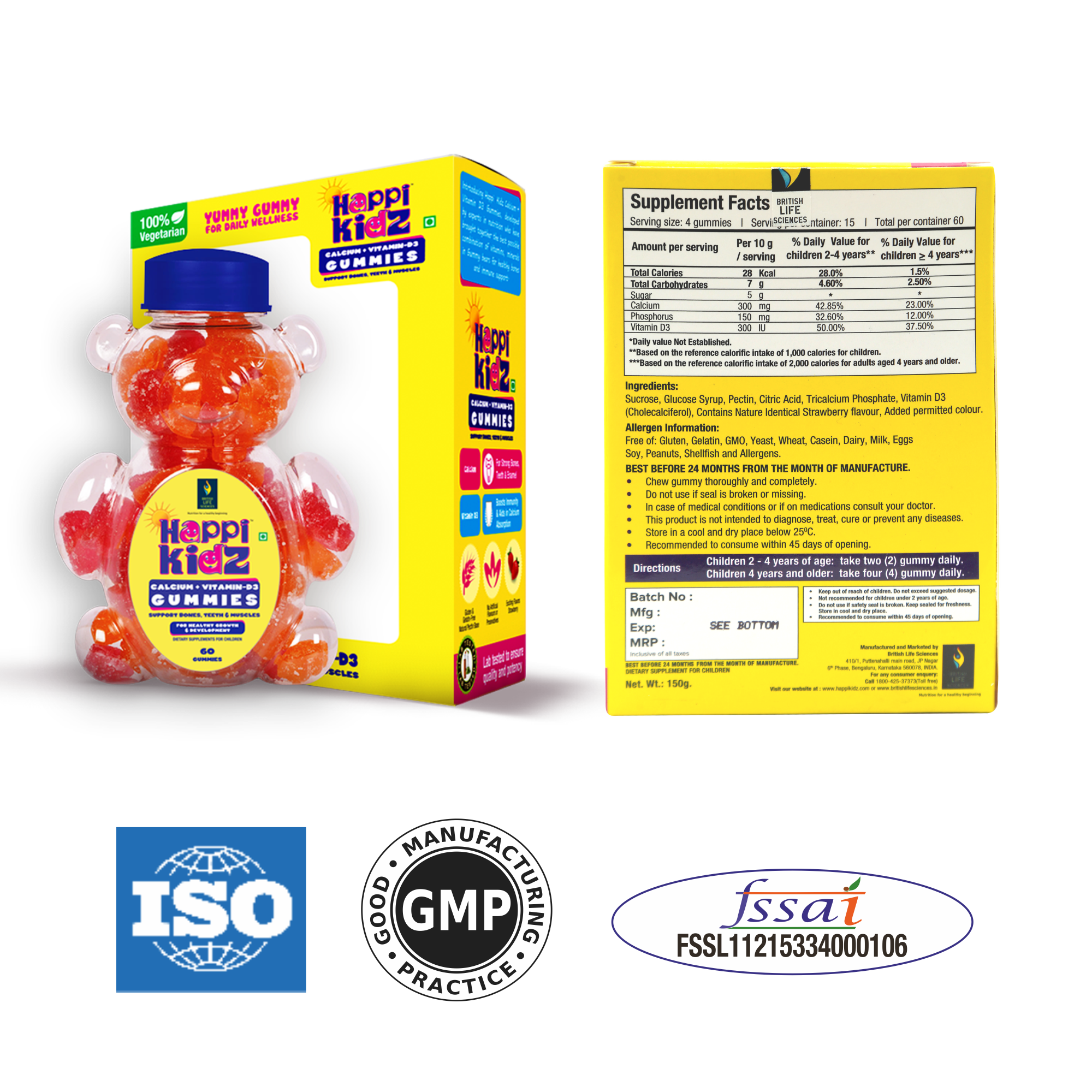 BRITISH LIFE SCIENCES PVT LTD ; Nutrition For A Healthy Beginning Happikidz Calcium + Vitamin D Gummies For Kids (60 Count Gummy Bears) - Kids Nutrition, Bones And Teeth, Boosts Immunity - Strawberry (Pack of 2)