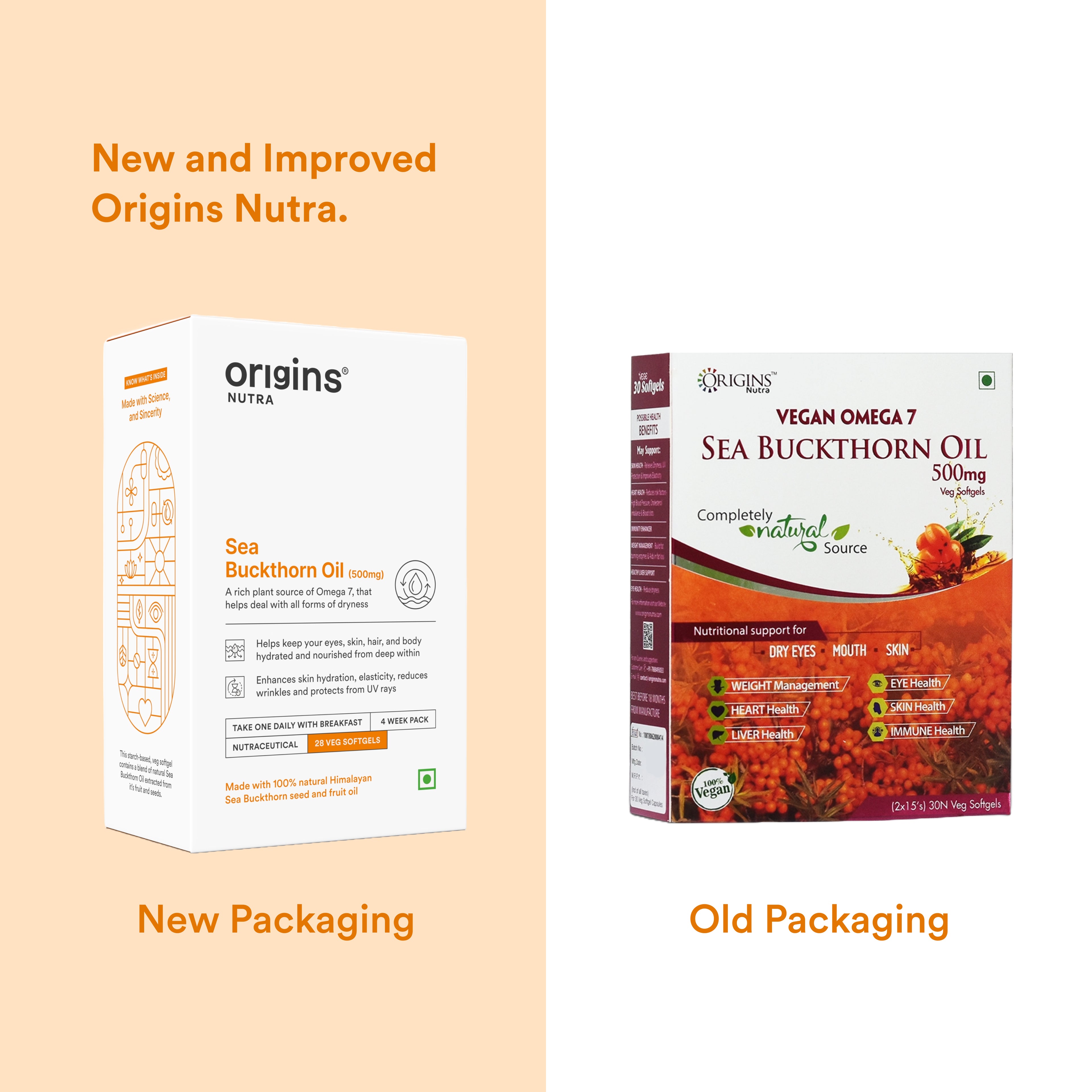 Origins Nutra Sea Buckthorn Oil |Reduce Wrinkles & Pigmentation, Supports Skin Hydration & Elasticity | Sea Buckthorn Oil | GMP Certified | For Men & Women | 28 Capsules Pack of 2