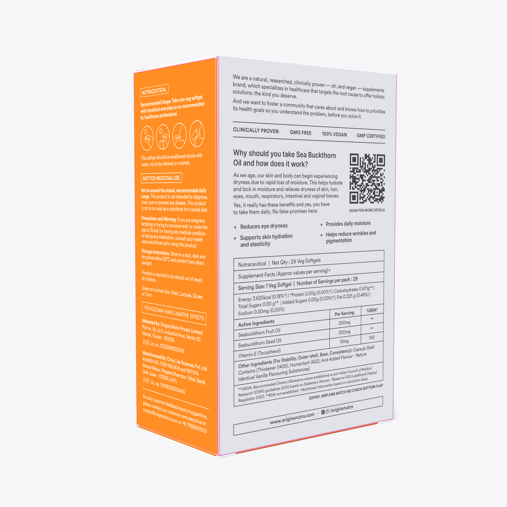Origins Nutra Sea Buckthorn Oil |Reduce Wrinkles & Pigmentation, Supports Skin Hydration & Elasticity | Sea Buckthorn Oil | GMP Certified | For Men & Women | 28 Capsules Pack of 2