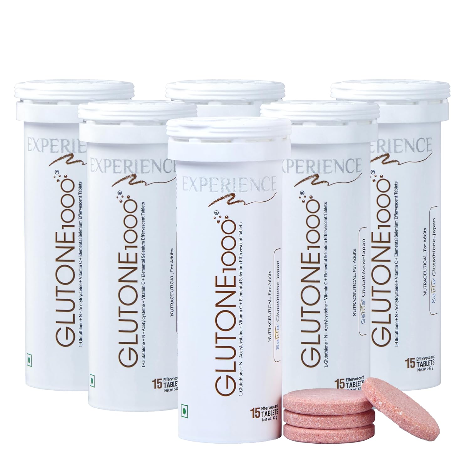 Glutone 1000 – Glutathione Effervescent Tablets| Made with Setria L-Glutathione (Japan)| For Radiant Glow| Evens Skin Tone| 15 Tablets (Pack of 6)