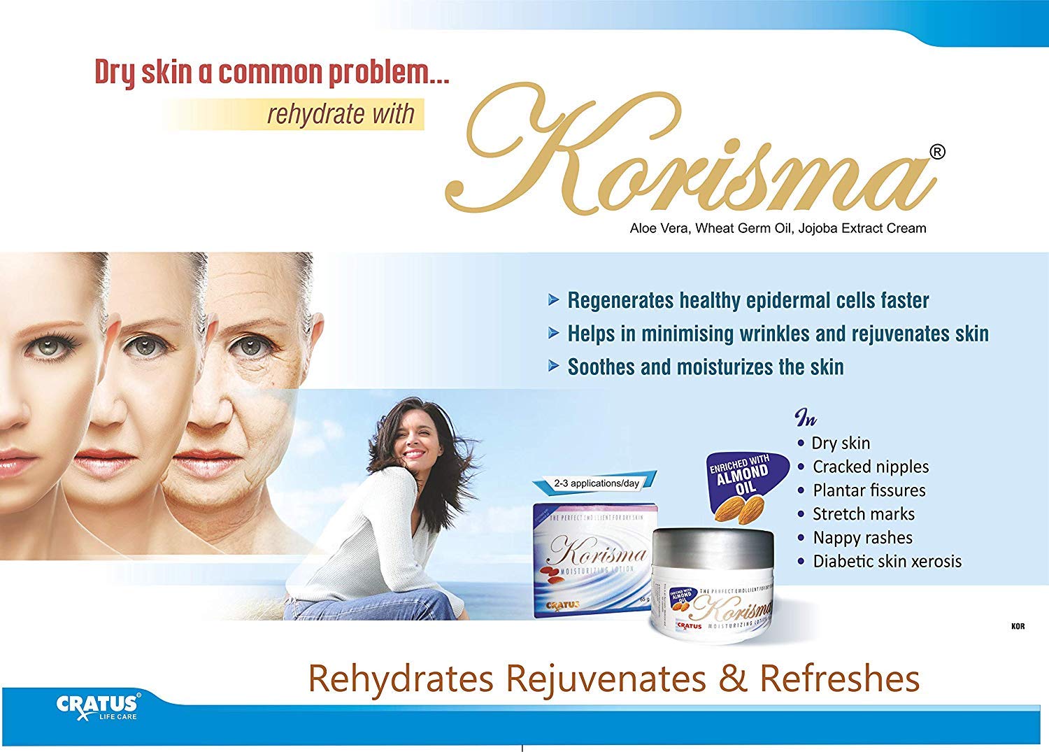 Korisma Moisturizing Lotion with Almond Oil, Aloe Vera, Wheat Germ Oil, Jojoba Extracts for Rejuvenating & Hydrated Skin - 65gms(Pack of 3)