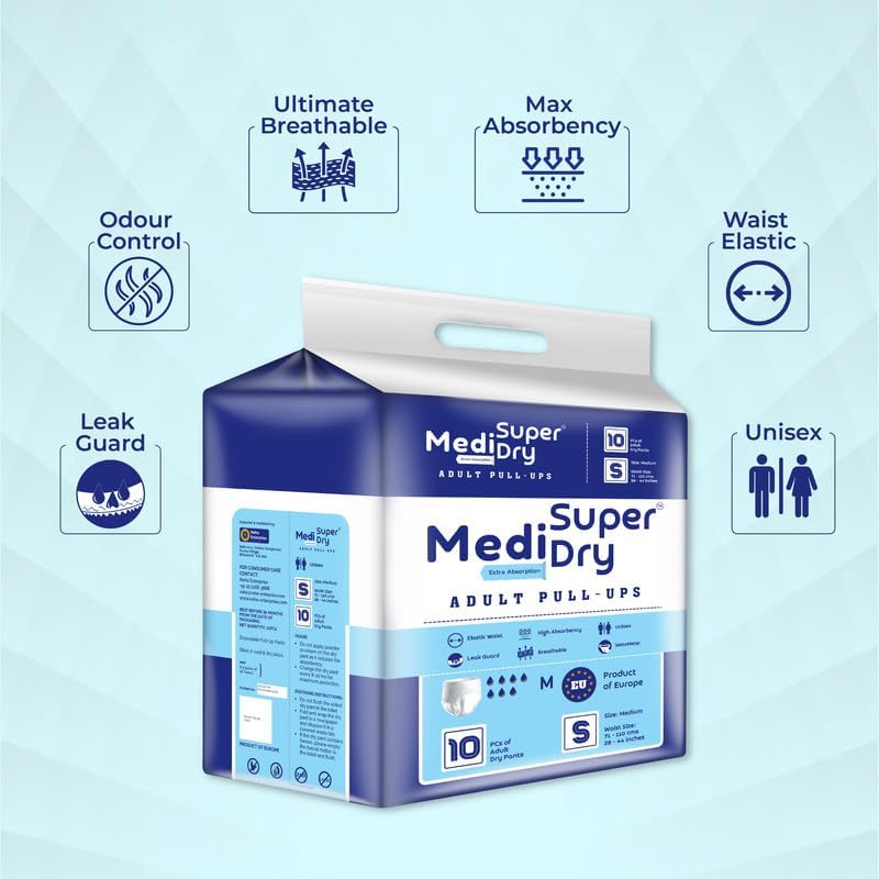 Medisuperdry Adult Diaper Pants | Small (S) |Waist 51-81 cm (20-32 inches) |High Absorbency -10 Hrs |Rash-Free |Leakproof |Breathable |Odourless |Elastic Waist |For Men & Women | 10 Units, Pack of 1