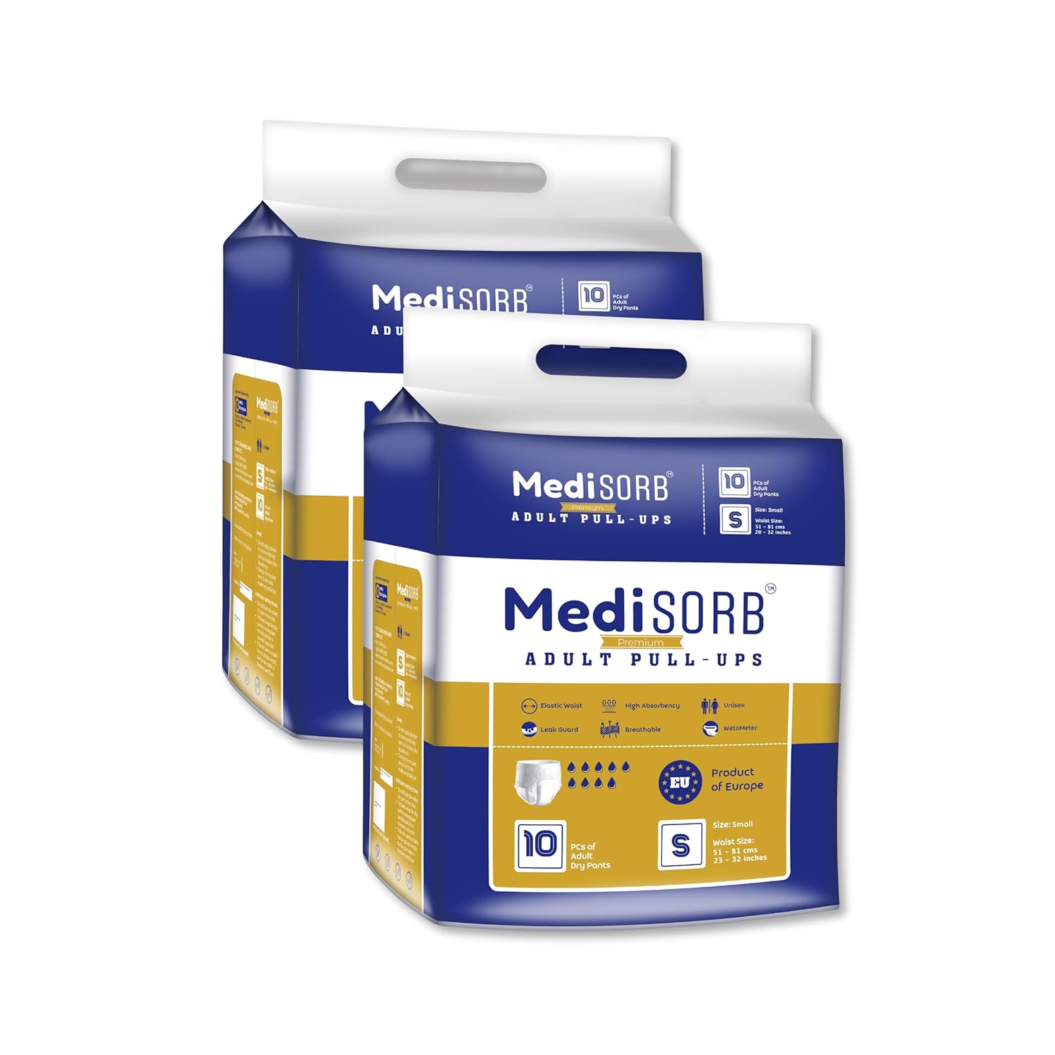 MediSORB Adult Diaper Pants | Small (S) |Waist 51-81 cm (23-32 inches) |High Absorbency -15 Hrs |Rash-Free |Leakproof |Breathable |Odourless |Elastic Waist |Unisex - Men & Women | 20 Units, Pack of 2