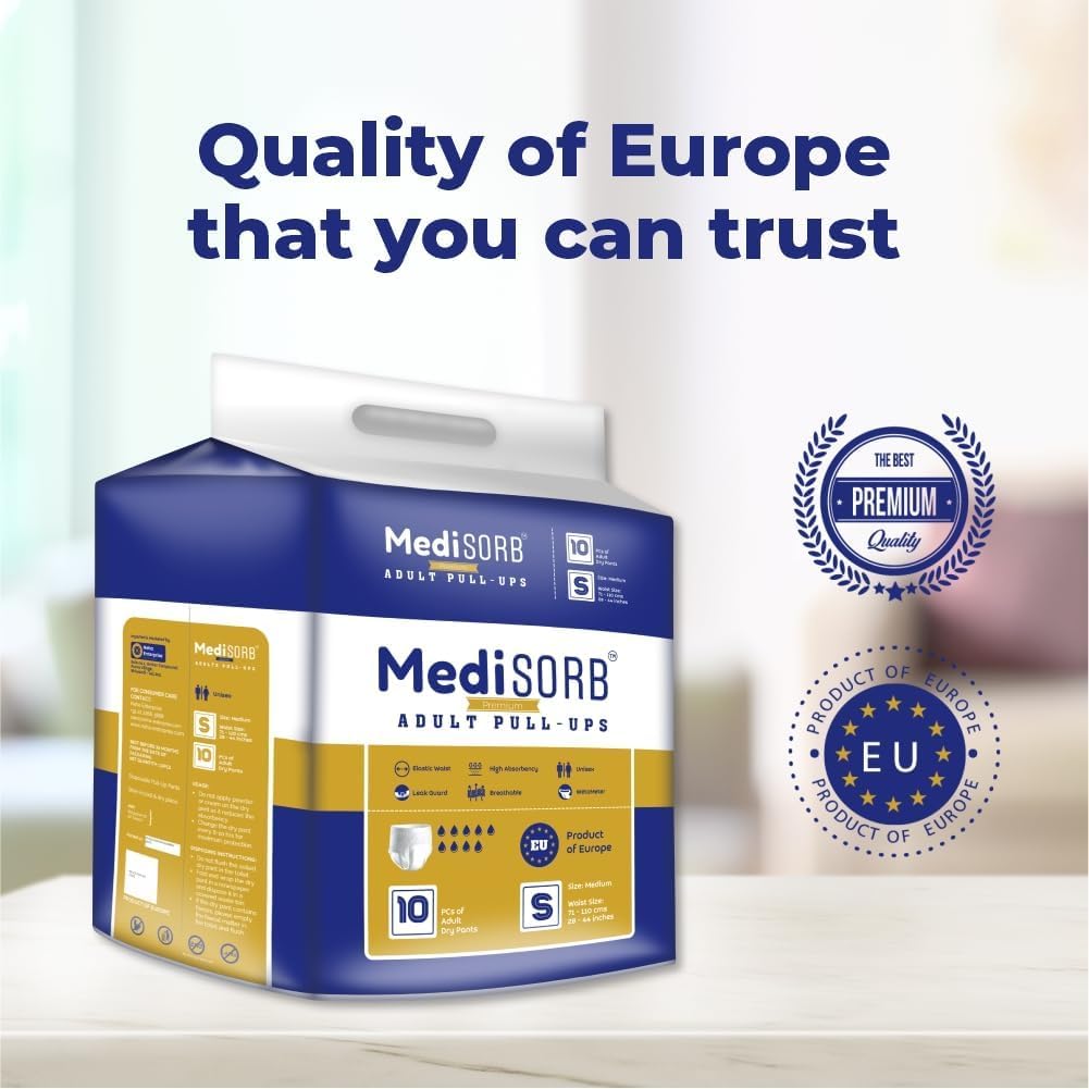 MediSORB Adult Diaper Pants | Small (S) |Waist 51-81 cm (23-32 inches) |High Absorbency -15 Hrs |Rash-Free |Leakproof |Breathable |Odourless |Elastic Waist |Unisex - Men & Women | 20 Units, Pack of 2