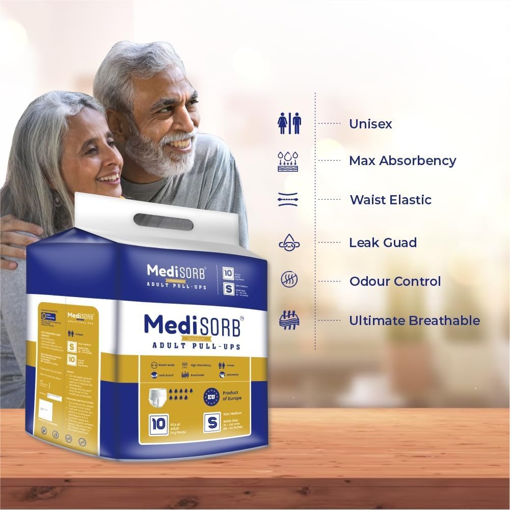 MediSORB Adult Diaper Pants | Small (S) |Waist 51-81 cm (23-32 inches) |High Absorbency -15 Hrs |Rash-Free |Leakproof |Breathable |Odourless |Elastic Waist |For Men & Women | 30 Units, Pack of 3