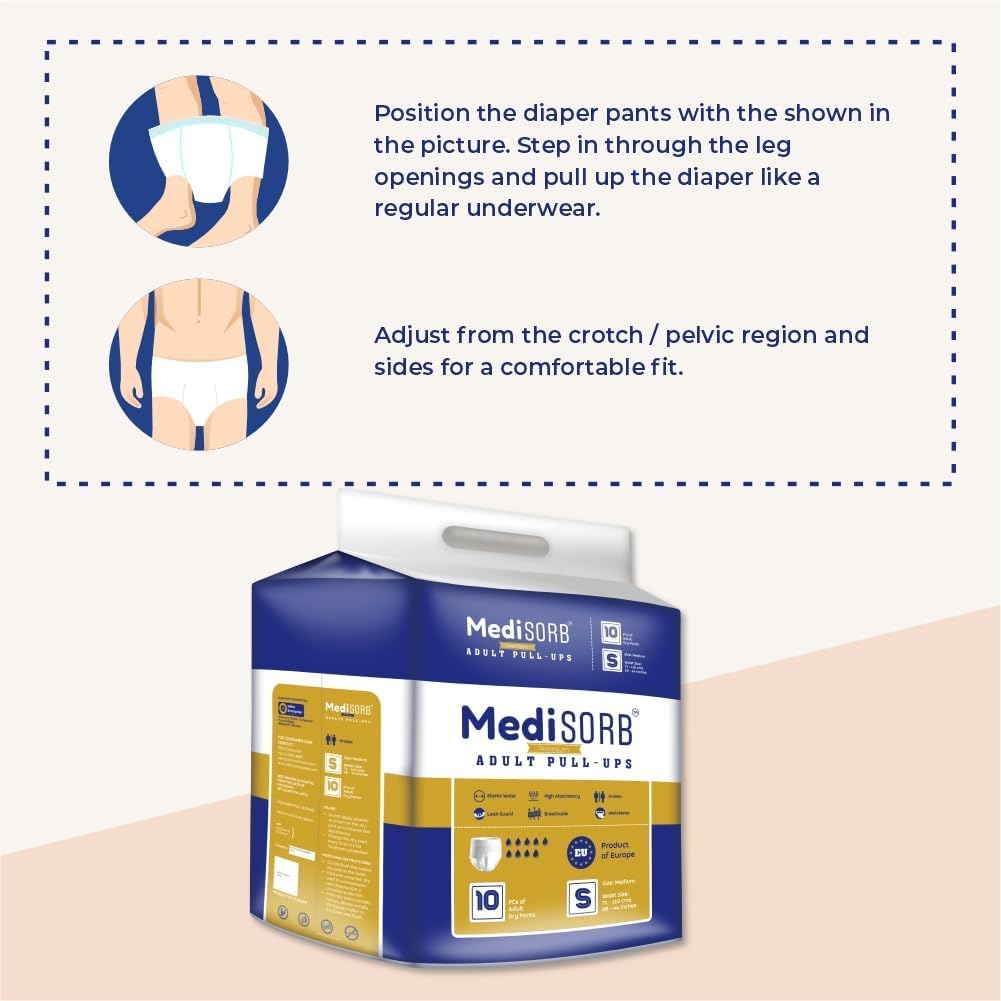 MediSORB Adult Diaper Pants | Small (S) |Waist 51-81 cm (23-32 inches) |High Absorbency -15 Hrs |Rash-Free |Leakproof |Breathable |Odourless |Elastic Waist |Unisex - Men & Women | 50 Units, Pack of 5