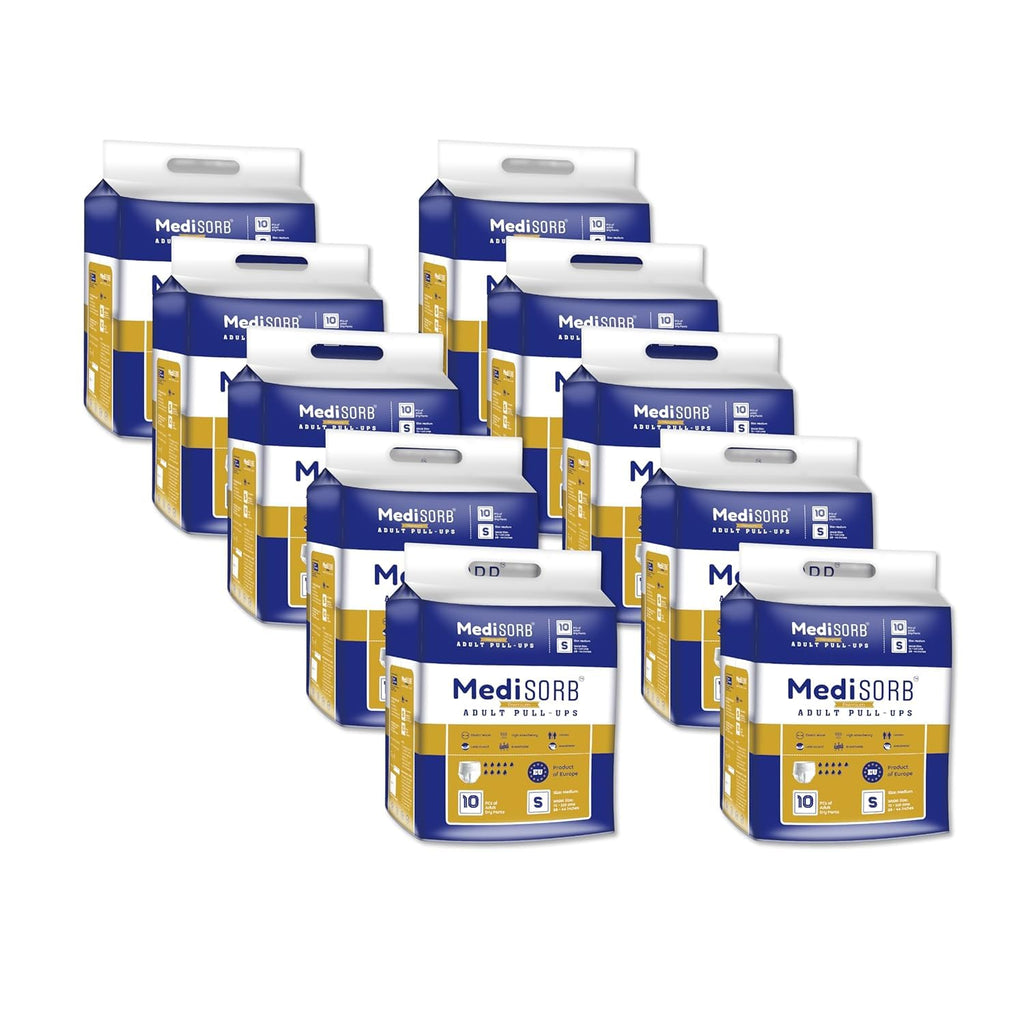 MediSORB Adult Diaper Pants | Small (S) |Waist 51-81 cm (23-32 inches) |High Absorbency -15 Hrs |Rash-Free |Leakproof |Breathable |Odourless |Elastic Waist |Unisex- Men & Women | 100 Units, Pack of 10
