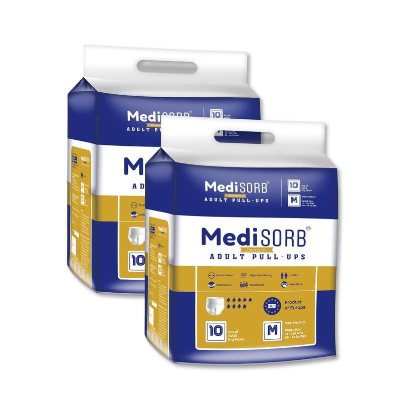 MediSORB Adult Diaper Pants | Medium (M) |Waist 71-110 cm (28-44 inches) |High Absorbency -15 Hrs |Rash-Free |Leakproof |Breathable |Odourless |Elastic Waist |Unisex- Men & Women | 20 Units, Pack of 2