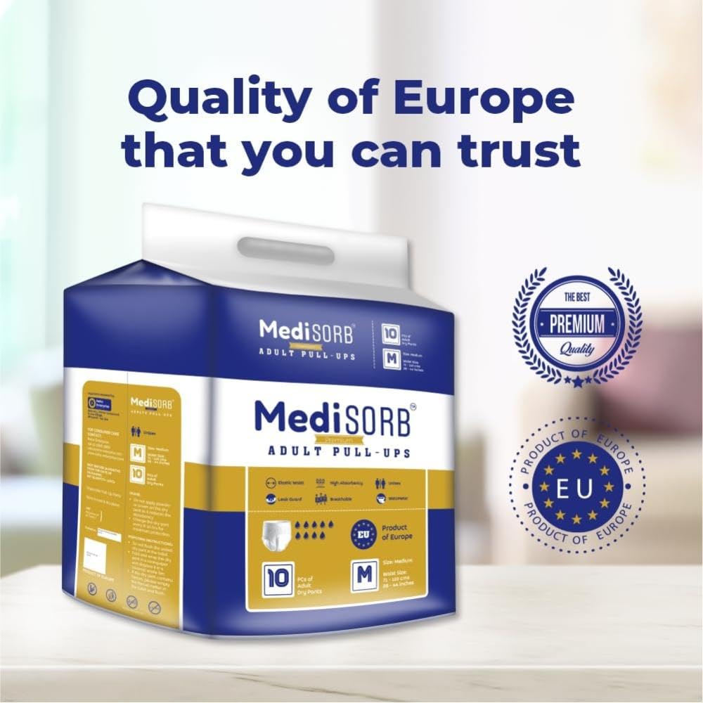 MediSORB Adult Diaper Pants | Medium (M)|Waist 71-110 cm (28-44 inches) |High Absorbency -15 Hrs |Rash-Free |Leakproof |Breathable |Odourless |Elastic Waist |Unisex- Men & Women | 50 Units, Pack of 5