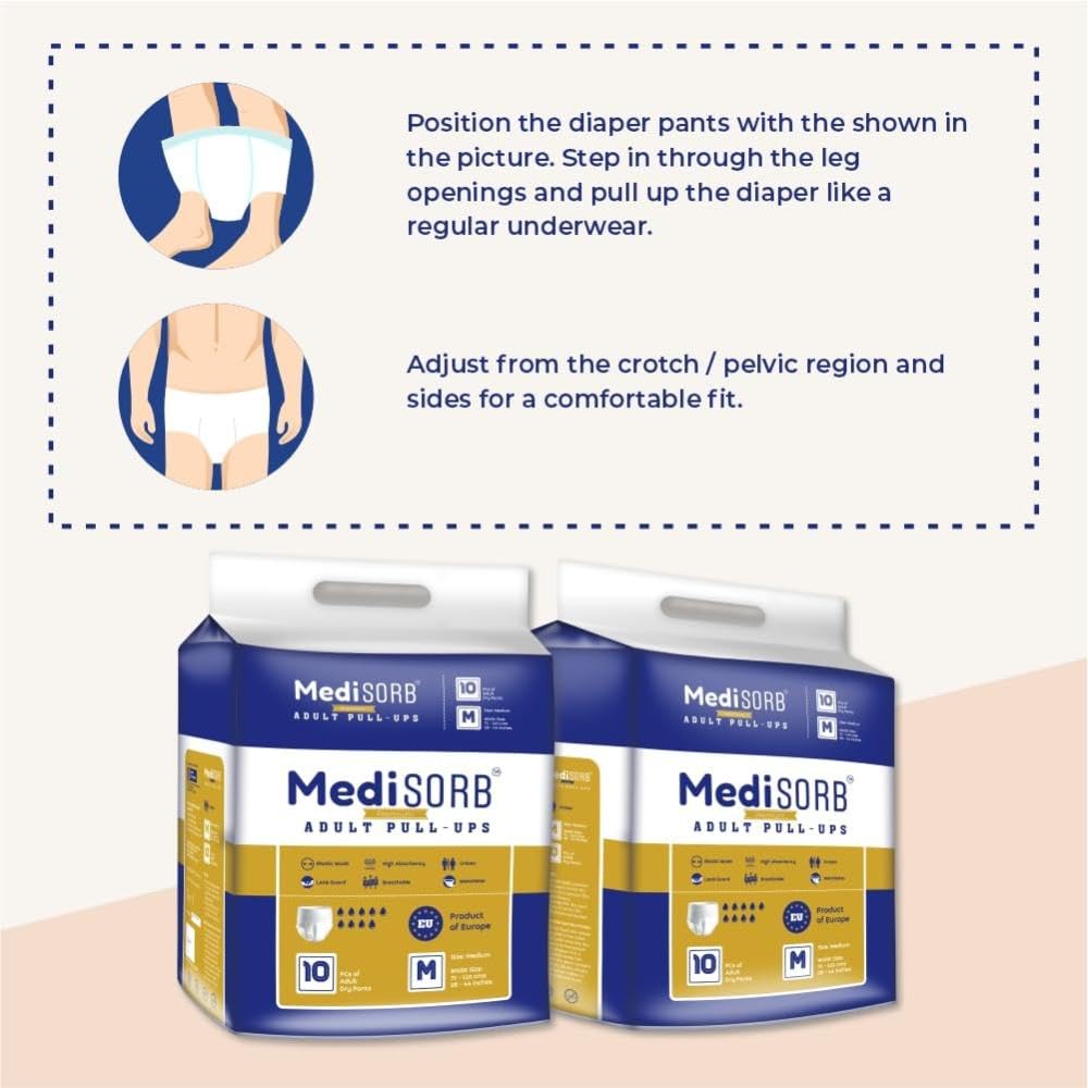 MediSORB Adult Diaper Pants | Medium (M)|Waist 71-110 cm (28-44 inches) |High Absorbency -15 Hrs |Rash-Free |Leakproof |Breathable |Odourless |Elastic Waist |Unisex- Men & Women | 50 Units, Pack of 5