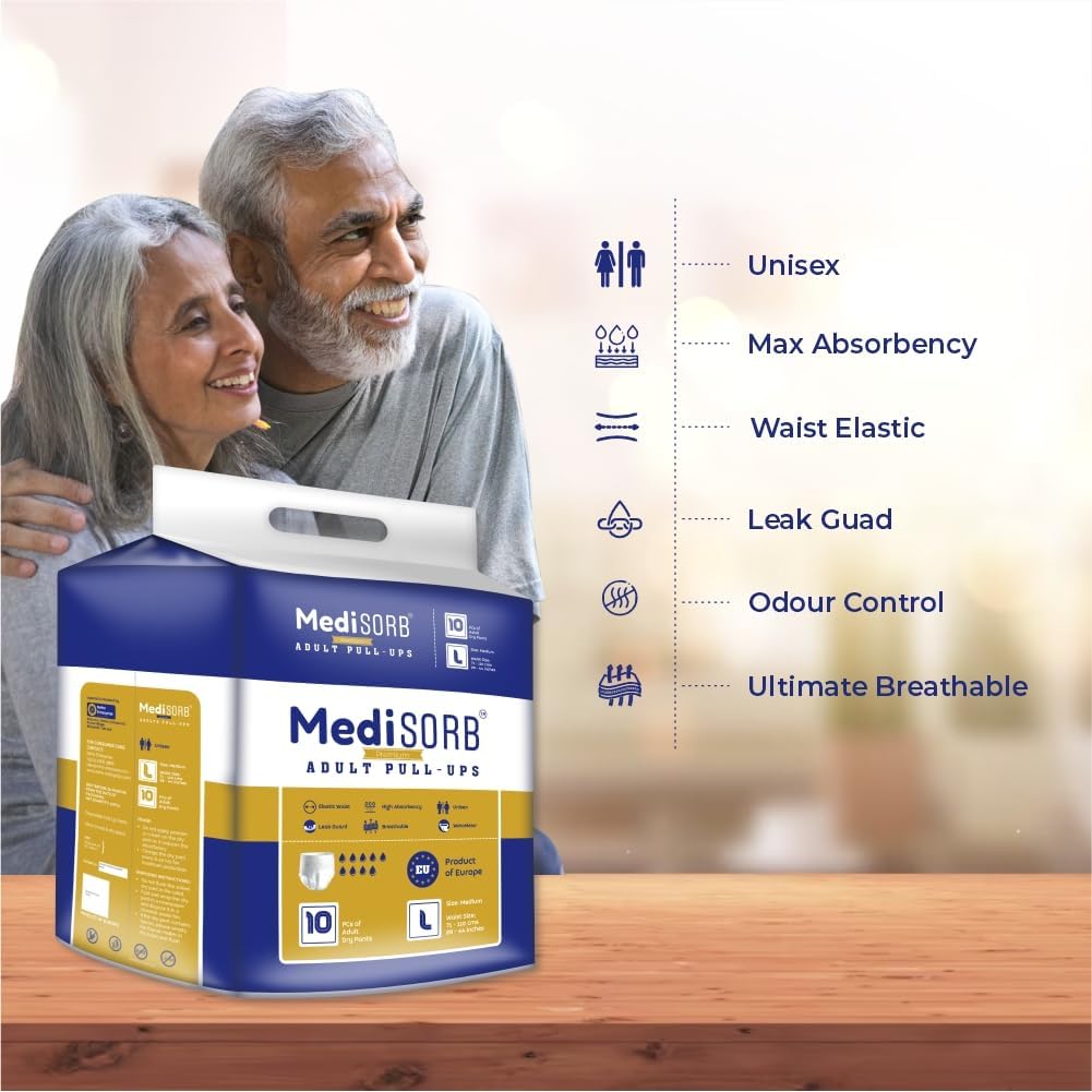 MediSORB Adult Diaper Pants | Large (L) |Waist 101-512 cm (40-60 inches) |High Absorbency -15 Hrs |Rash-Free |Leakproof |Breathable |Odourless |Elastic Waist |For Men & Women | 20 Units, Pack of 2