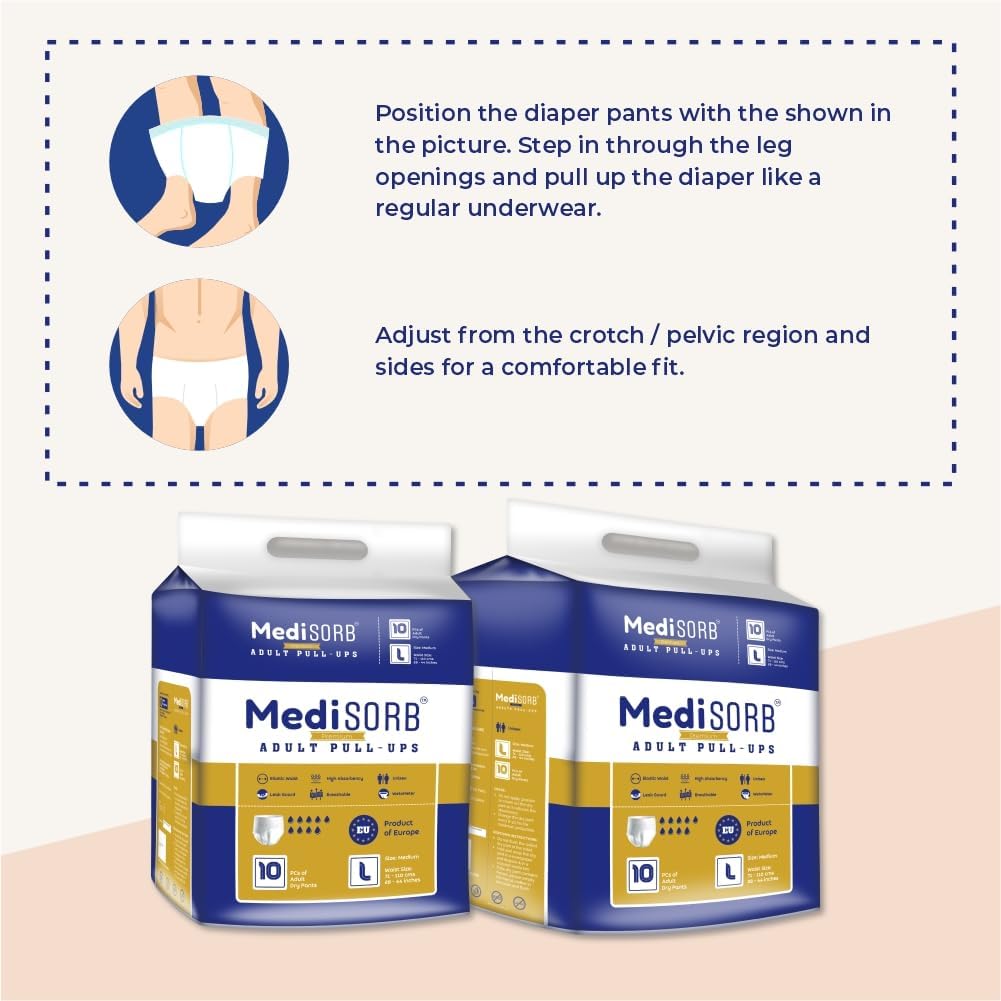 MediSORB Adult Diaper Pants | Large (L) |Waist 101-512 cm (40-60 inches) |High Absorbency -15 Hrs |Rash-Free |Leakproof |Breathable |Odourless |Elastic Waist |For Men & Women | 20 Units, Pack of 2