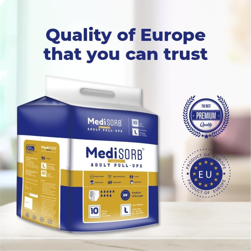 MediSORB Adult Diaper Pants | Large (L) |Waist 101-512 cm (40-60 inches) |High Absorbency -15 Hrs |Rash-Free |Leakproof |Breathable |Odourless |Elastic Waist |For Men & Women | 20 Units, Pack of 2