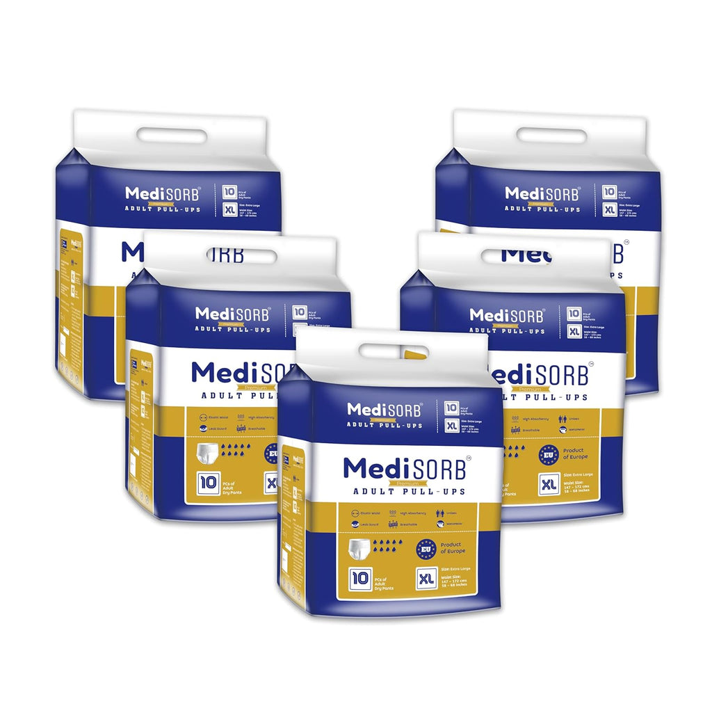 MediSORB Adult Diaper Pants | ExtraLarge (XL) |Waist 147-172 cm (58-68 inches) |High Absorbency 15 Hrs |Rash-Free |Leakproof |Breathable |Odourless |Elastic Waist |Men & Women | 50 Units, Pack of 5