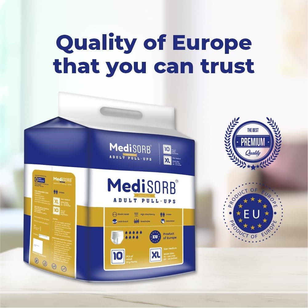 MediSORB Adult Diaper Pants | ExtraLarge (XL) |Waist 147-172 cm (58-68 inches) |High Absorbency 15 Hrs |Rash-Free |Leakproof |Breathable |Odourless |Elastic Waist |Men & Women | 100 Units, Pack of 10