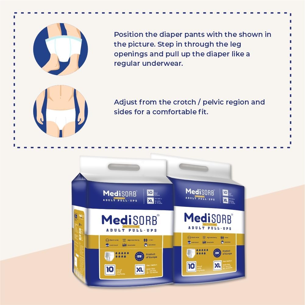 MediSORB Adult Diaper Pants | ExtraLarge (XL) |Waist 147-172 cm (58-68 inches) |High Absorbency 15 Hrs |Rash-Free |Leakproof |Breathable |Odourless |Elastic Waist |Men & Women | 100 Units, Pack of 10