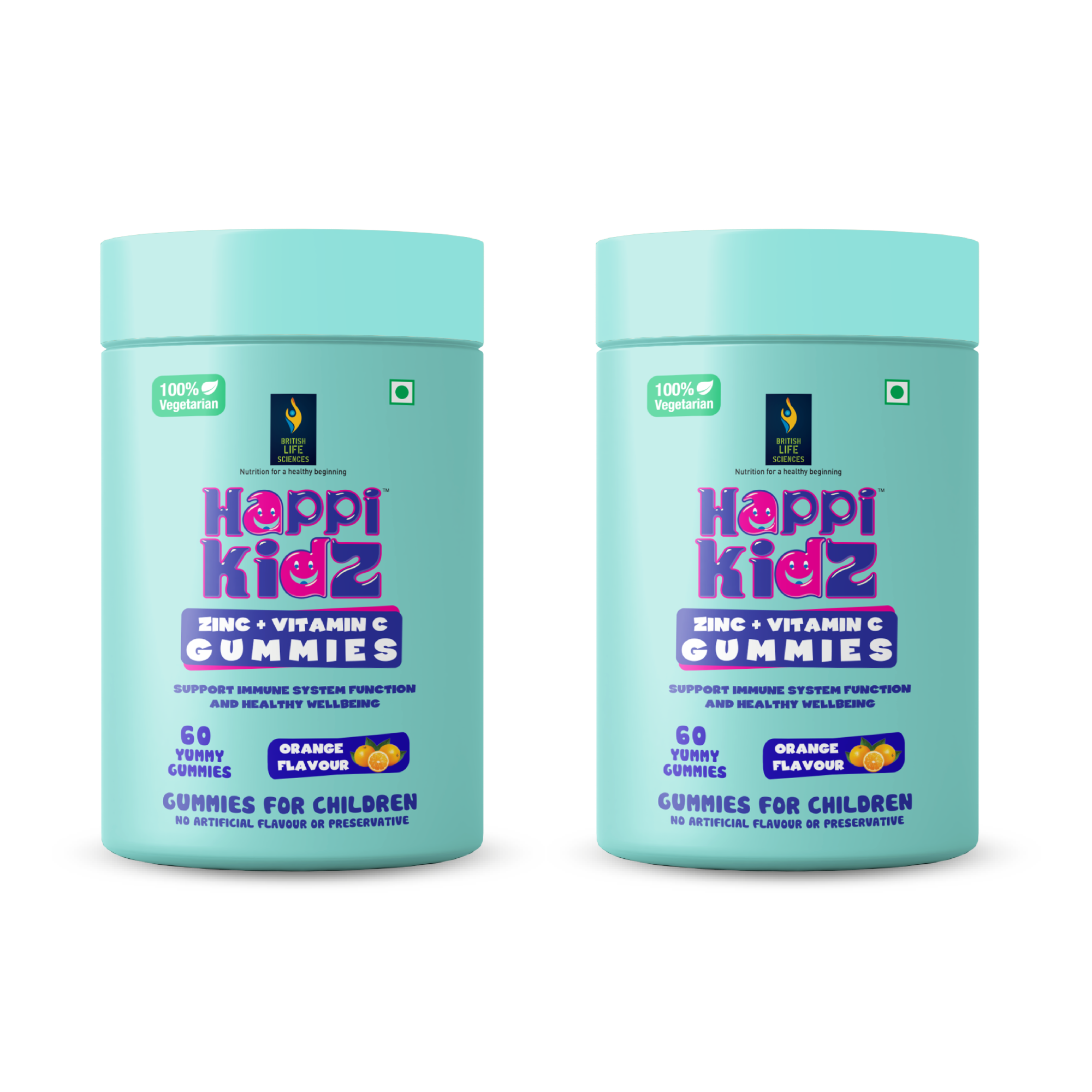 Happi Kidz - Zinc + Vitamin C Gummies For Kids - (60 Gummy Bears) - Immune Support | Orange Flavor | Non-GMO | Gluten-Free | Vegan | No Artificial Colors | Daily Supplement for Children (Pack of 2)