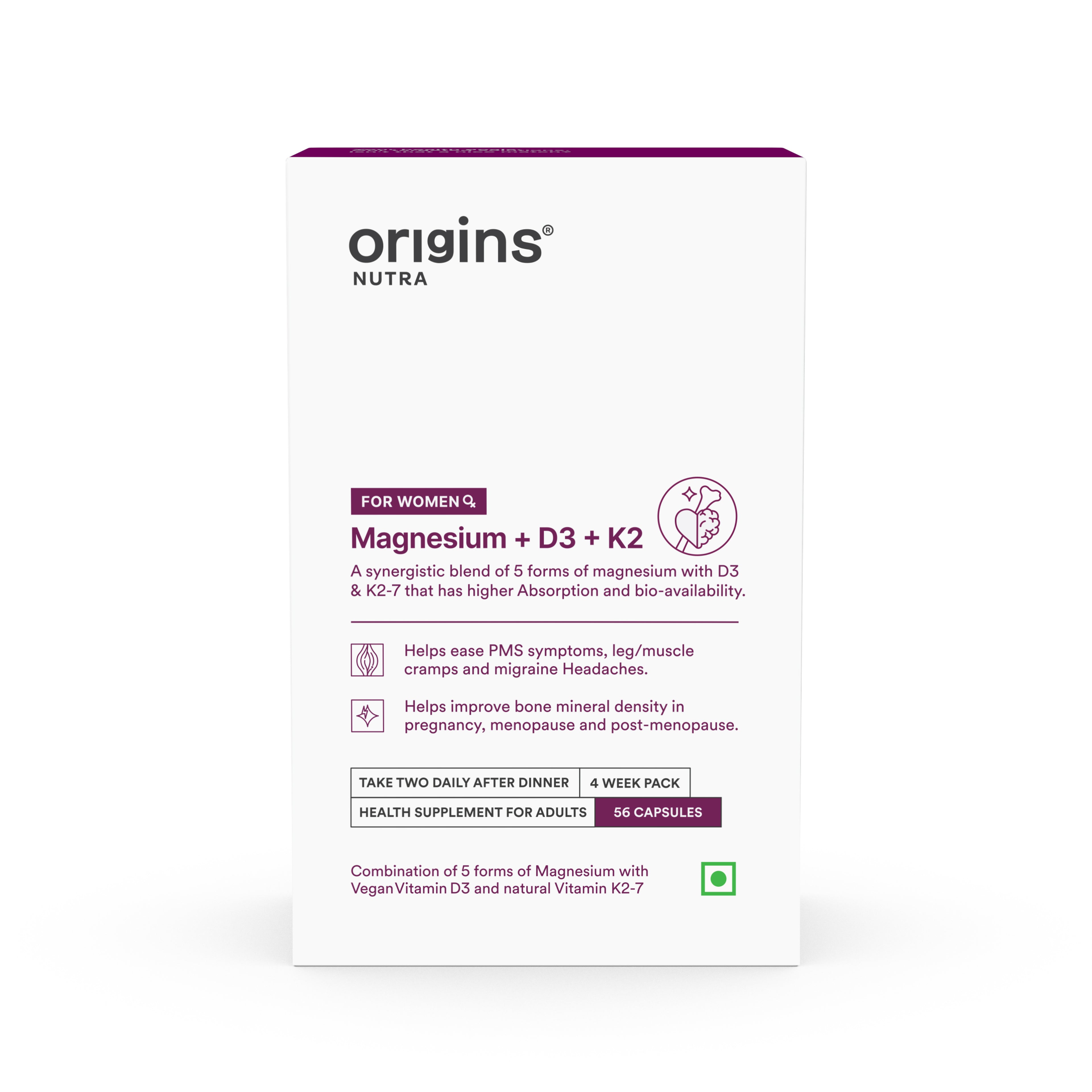 Origins Nutra Magnesium + D3 + K2-7 for Women | Supports Bone Health, Hormonal Balance, and Migraine Relief | Eases Leg Cramps | Five Magnesium Salts, Noval Vitamin K2-7, Vitashine D3 | GMP Certified | 56 Veg Capsules (Pack of 1)