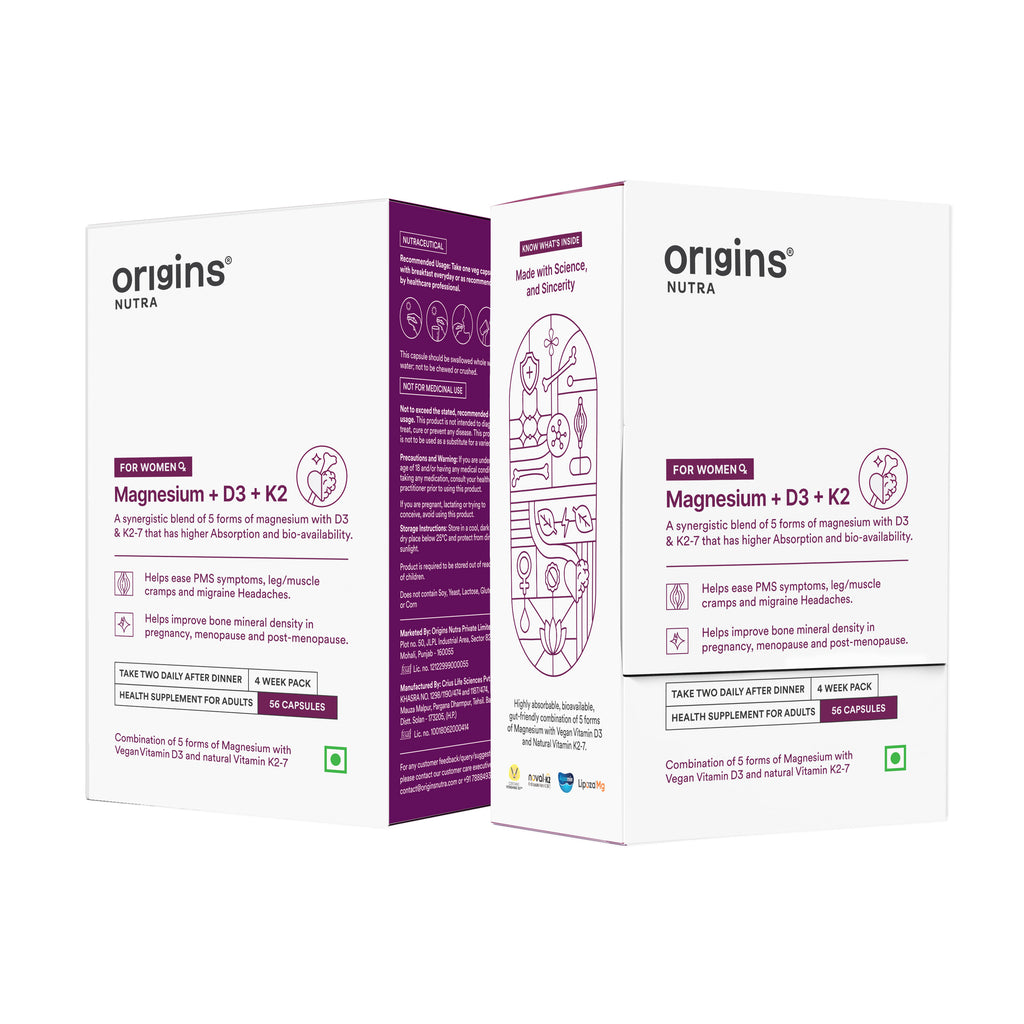 Origins Nutra Magnesium + D3 + K2-7 for Women | Supports Bone Health, Hormonal Balance, and Migraine Relief | Eases Leg Cramps | Five Magnesium Salts, Noval Vitamin K2-7, Vitashine D3 | GMP Certified | 56 Veg Capsules (Pack of 2)