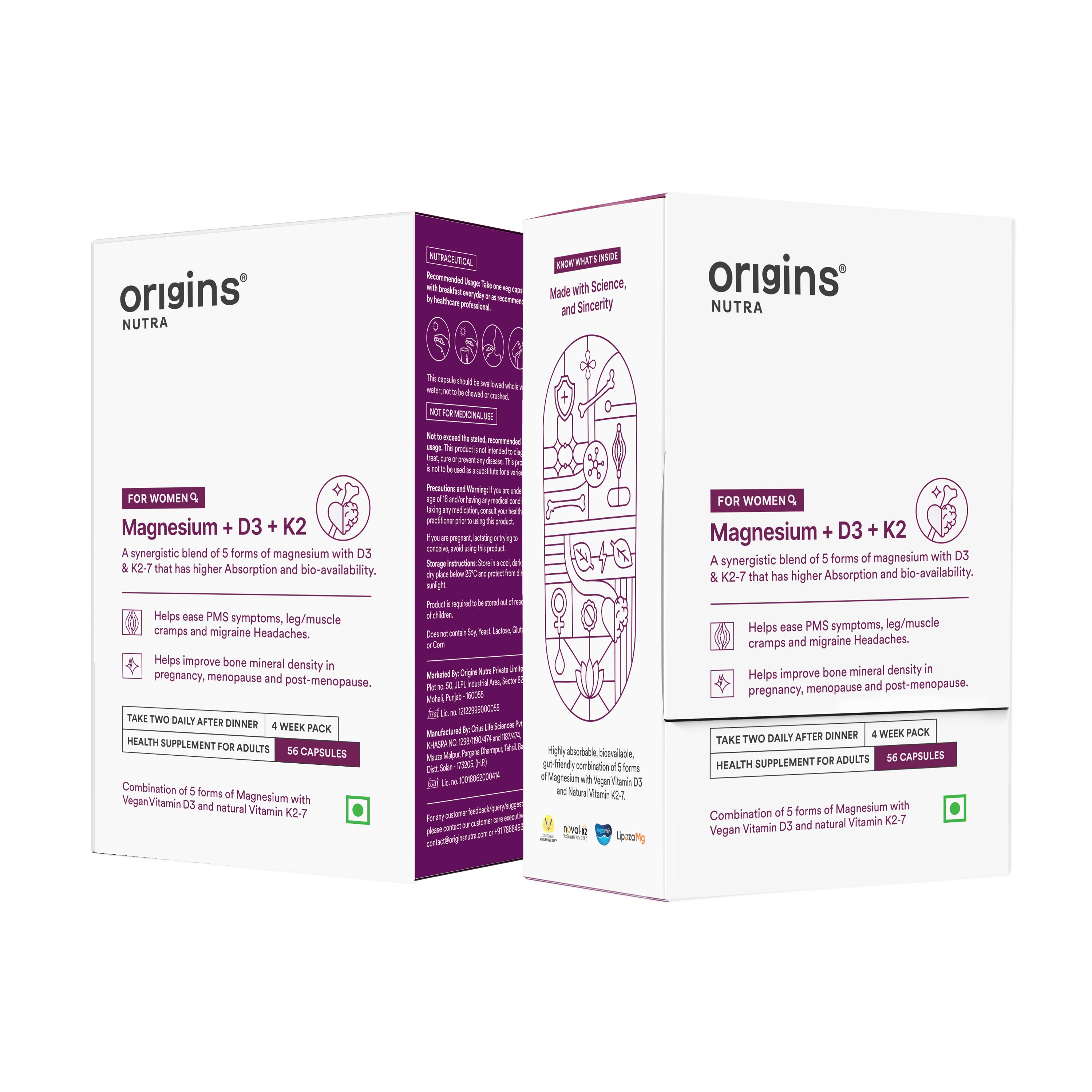 Origins Nutra Magnesium + D3 + K2-7 for Women | Supports Bone Health, Hormonal Balance, and Migraine Relief | Eases Leg Cramps | Five Magnesium Salts, Noval Vitamin K2-7, Vitashine D3 | GMP Certified | 56 Veg Capsules (Pack of 2)