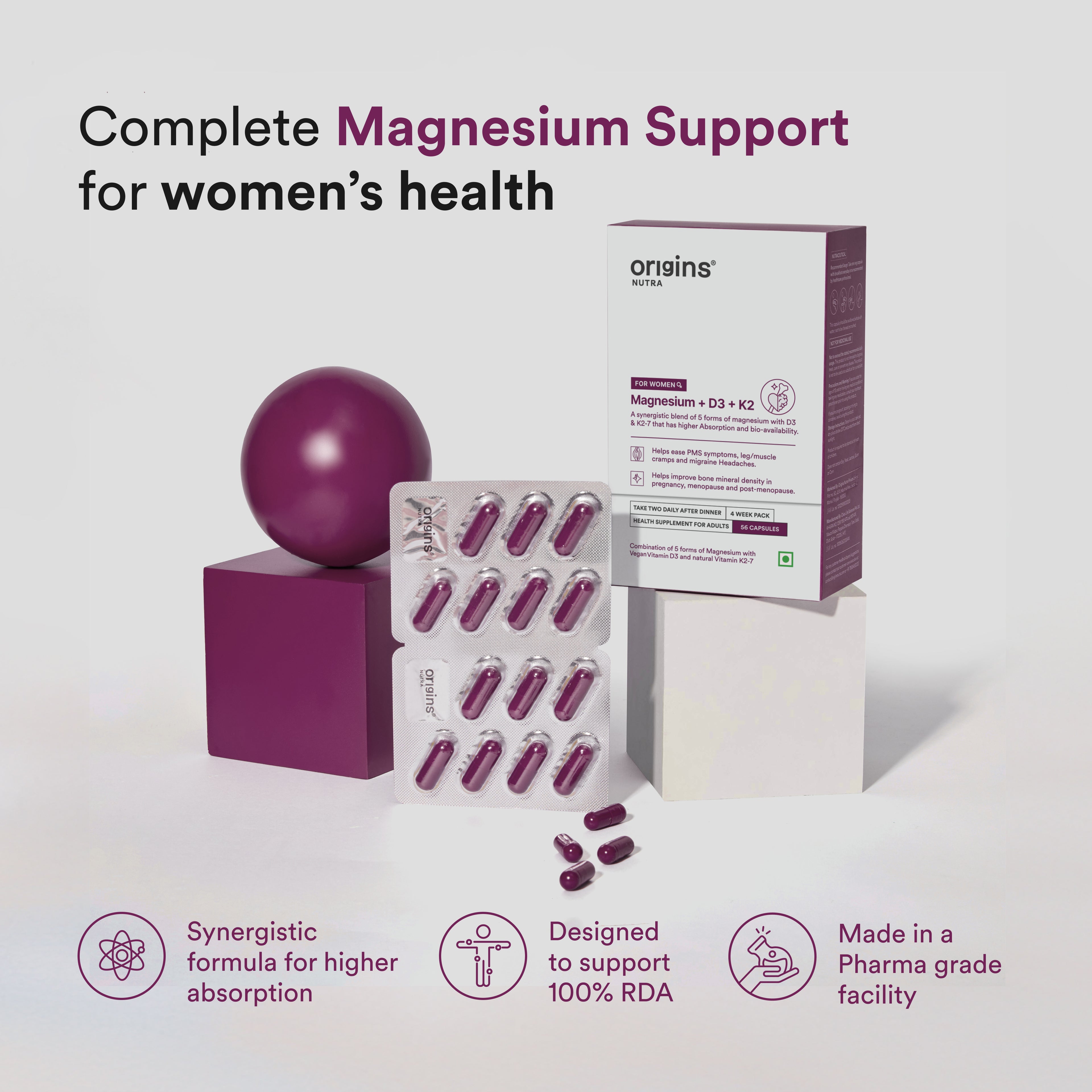 Origins Nutra Magnesium + D3 + K2-7 for Women | Supports Bone Health, Hormonal Balance, and Migraine Relief | Eases Leg Cramps | Five Magnesium Salts, Noval Vitamin K2-7, Vitashine D3 | GMP Certified | 56 Veg Capsules (Pack of 2)