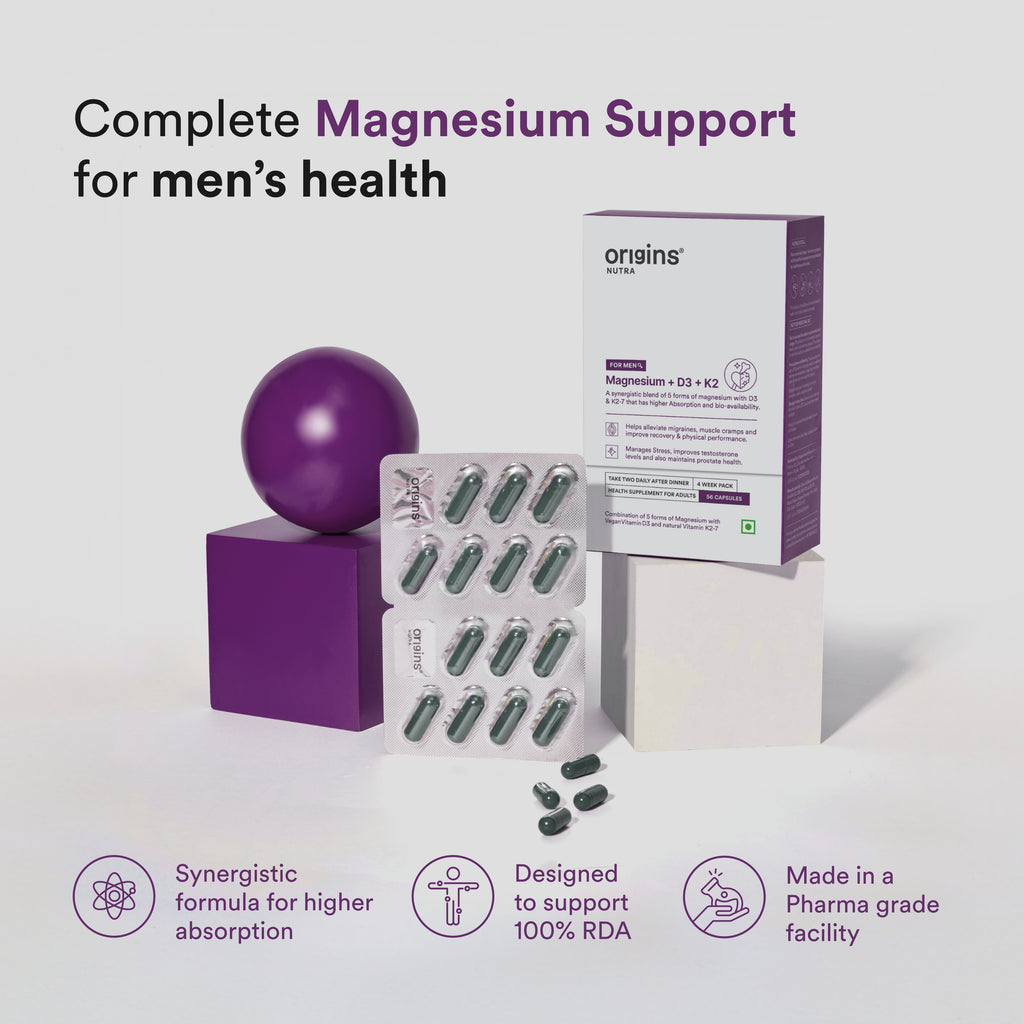Origins Nutra Magnesium Supplement for Men | 5 Magnesium Salts, Vitamin K2-7, and Vitashine D3 for Muscle Health and Migraine Relief | GMP Certified, 56 Veg Capsules (Pack of 3)