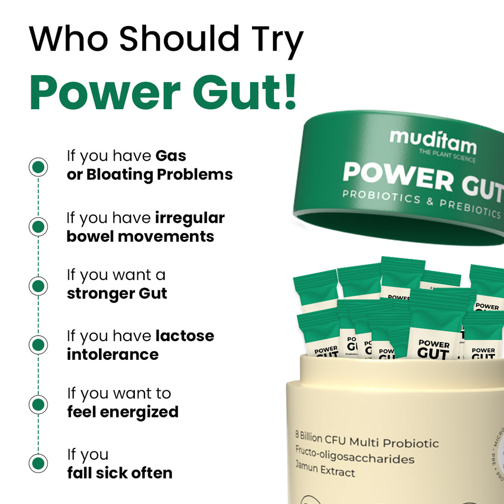 Muditam Ayurveda Power Gut - Prebiotics & Probiotics Supplement | Constipation, Bloating, Gas & Acidity Relief | Clinically Proven Strain | 15 Sachet