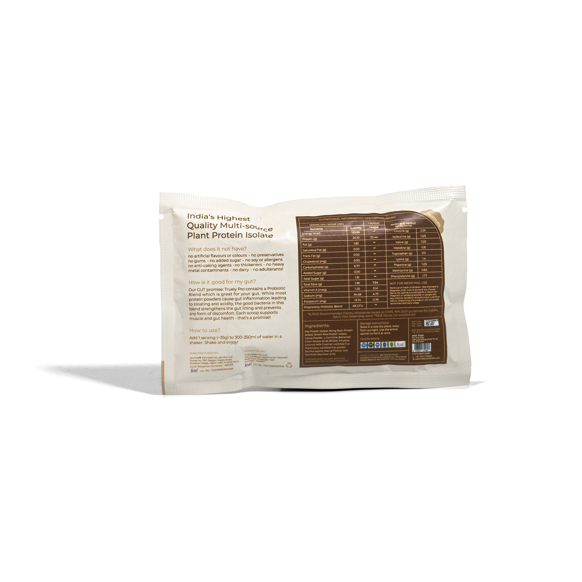 Truely Pro - Vegan Plant Protein | 24g Protein/Serving | 4 Bn CFU Probiotics | 3 Protein Sources - Pea, Brown Rice & Moong Bean | No Artificial Flavours | THIRD-PARTY TESTED | Dark Chocolate | 500GM