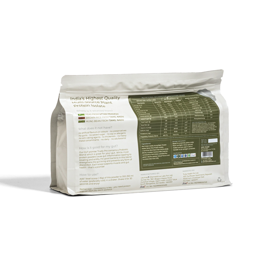 Truely Pro - Vegan Plant Protein | 24g Protein/Serving | 4 Bn CFU Probiotics | 3 Protein Sources - Pea, Brown Rice & Moong Bean | No Artificial Flavours | THIRD-PARTY TESTED | Unflavoured | 500GM