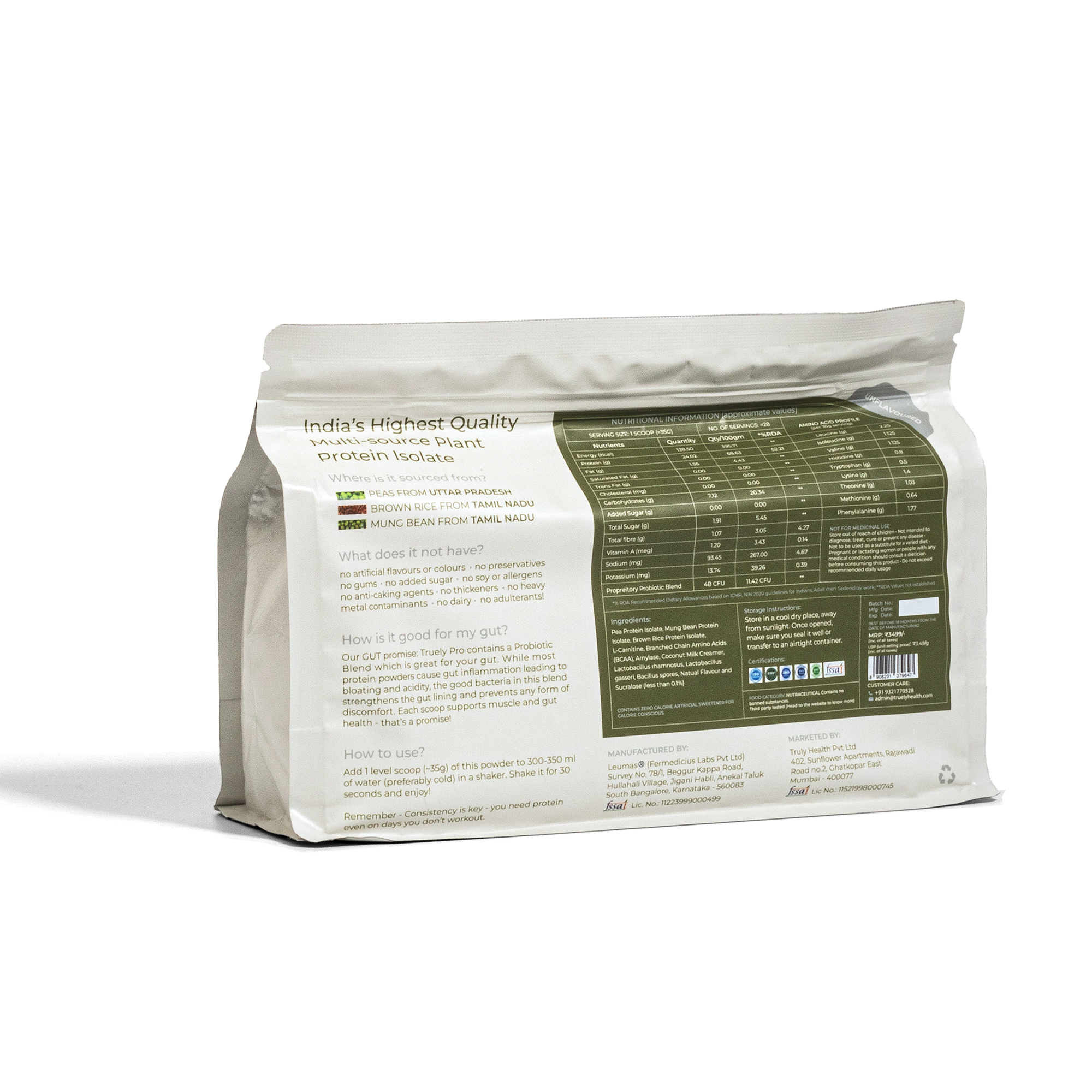 Truely Pro - Vegan Plant Protein | 24g Protein/Serving | 4 Bn CFU Probiotics | 3 Protein Sources - Pea, Brown Rice & Moong Bean | No Artificial Flavours | THIRD-PARTY TESTED | Unflavoured | 500GM