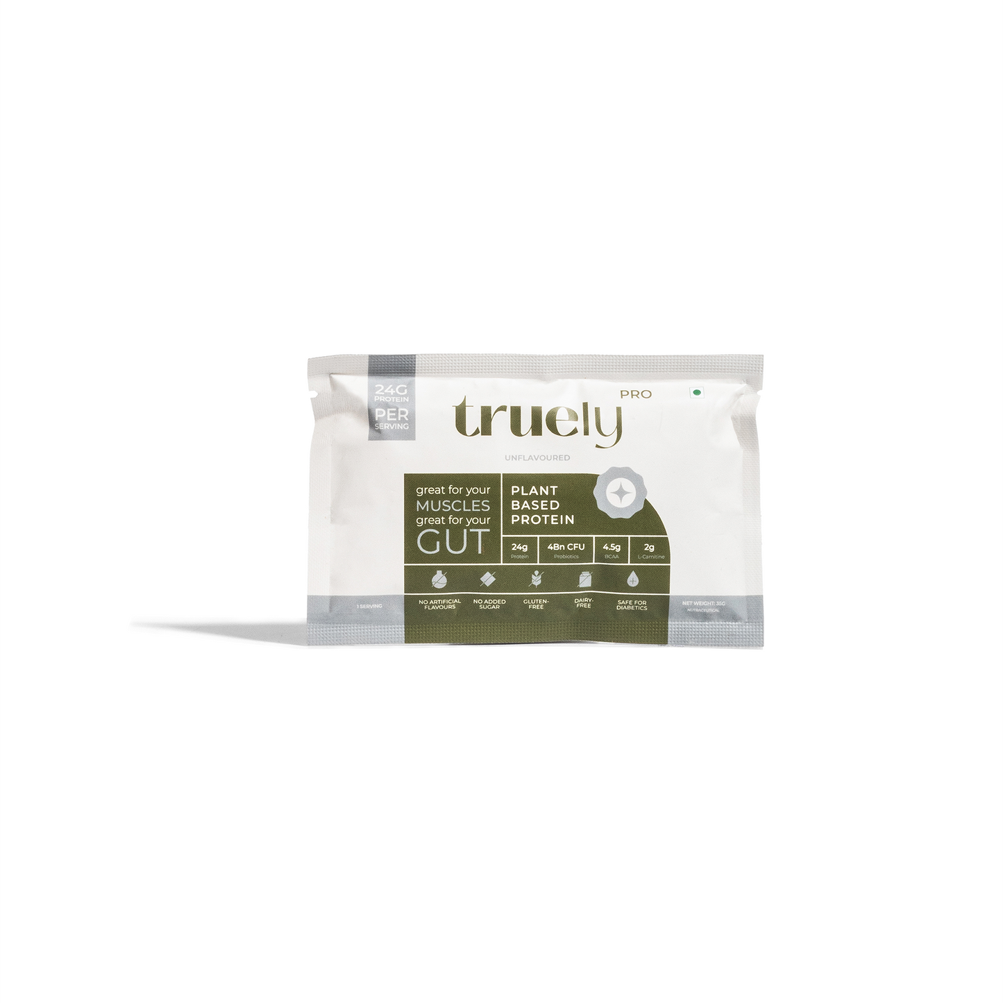Truely Pro - Vegan Plant Protein | 24g Protein/Serving | 4 Bn CFU Probiotics | 3 Protein Sources - Pea, Brown Rice & Moong Bean | No Artificial Flavours | THIRD-PARTY TESTED | Unflavoured | 500GM