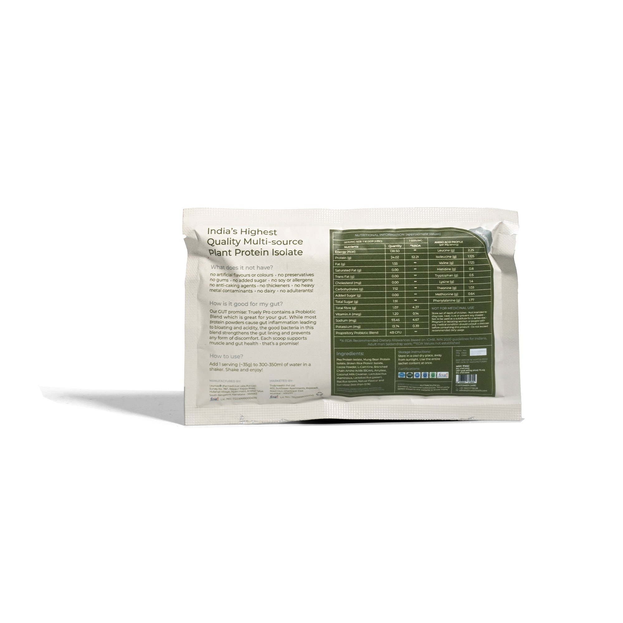 Truely Pro - Vegan Plant Protein | 24g Protein/Serving | 4 Bn CFU Probiotics | 3 Protein Sources - Pea, Brown Rice & Moong Bean | No Artificial Flavours | THIRD-PARTY TESTED | Unflavoured | 500GM
