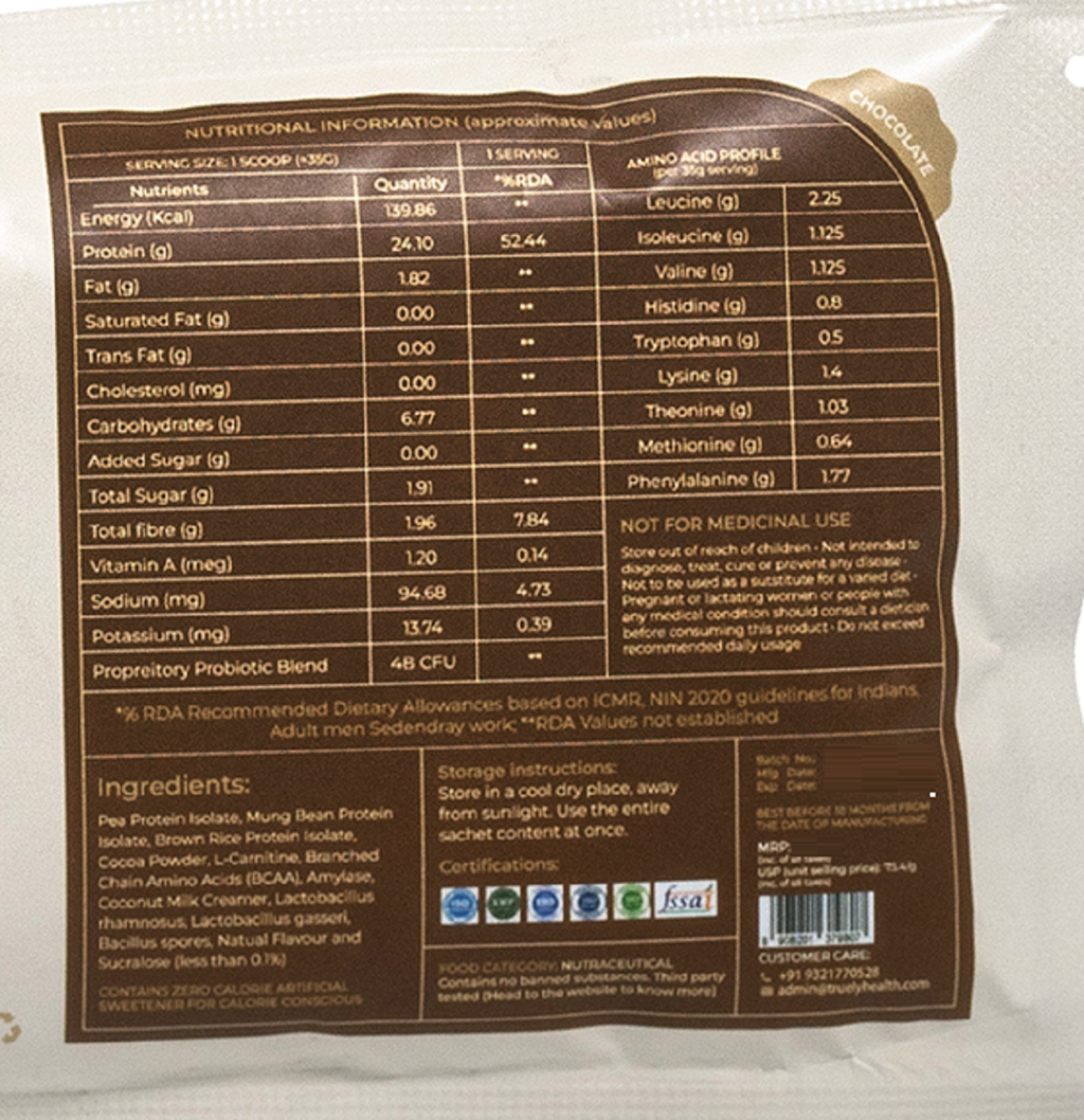 Truely Pro - Vegan Plant Protein | 24g Protein/Serving | 4 Bn CFU Probiotics | 3 Protein Sources - Pea, Brown Rice & Moong Bean | No Artificial Flavours | THIRD-PARTY TESTED | Dark Chocolate | 3 Servings